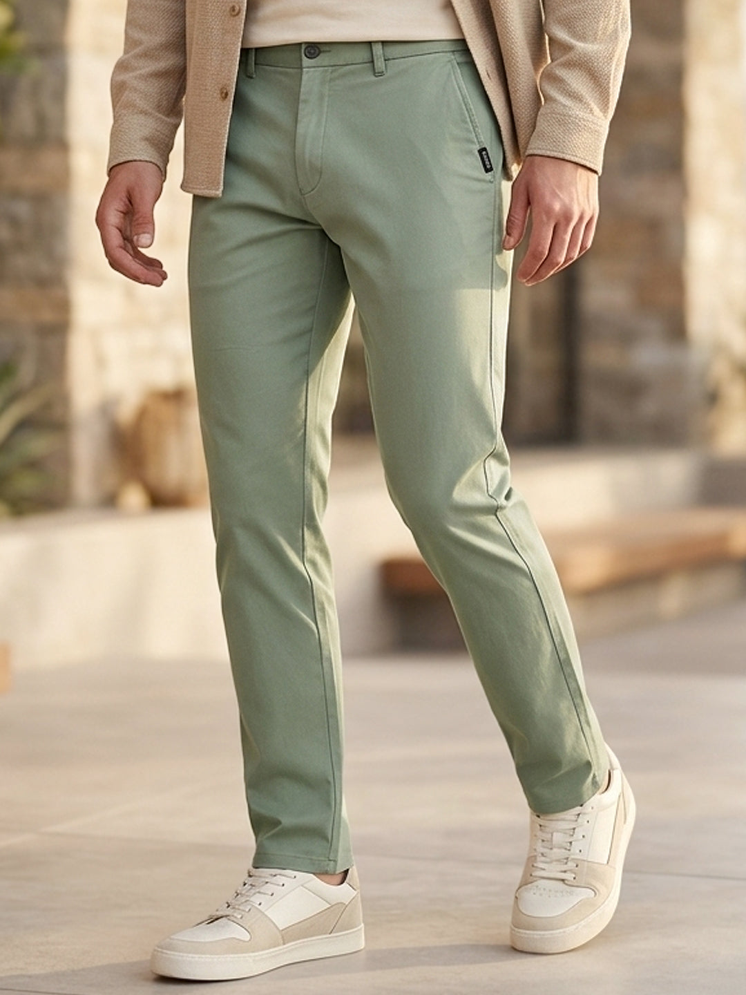 Men's Green Cotton Slim Fit Casual Chinos Trousers