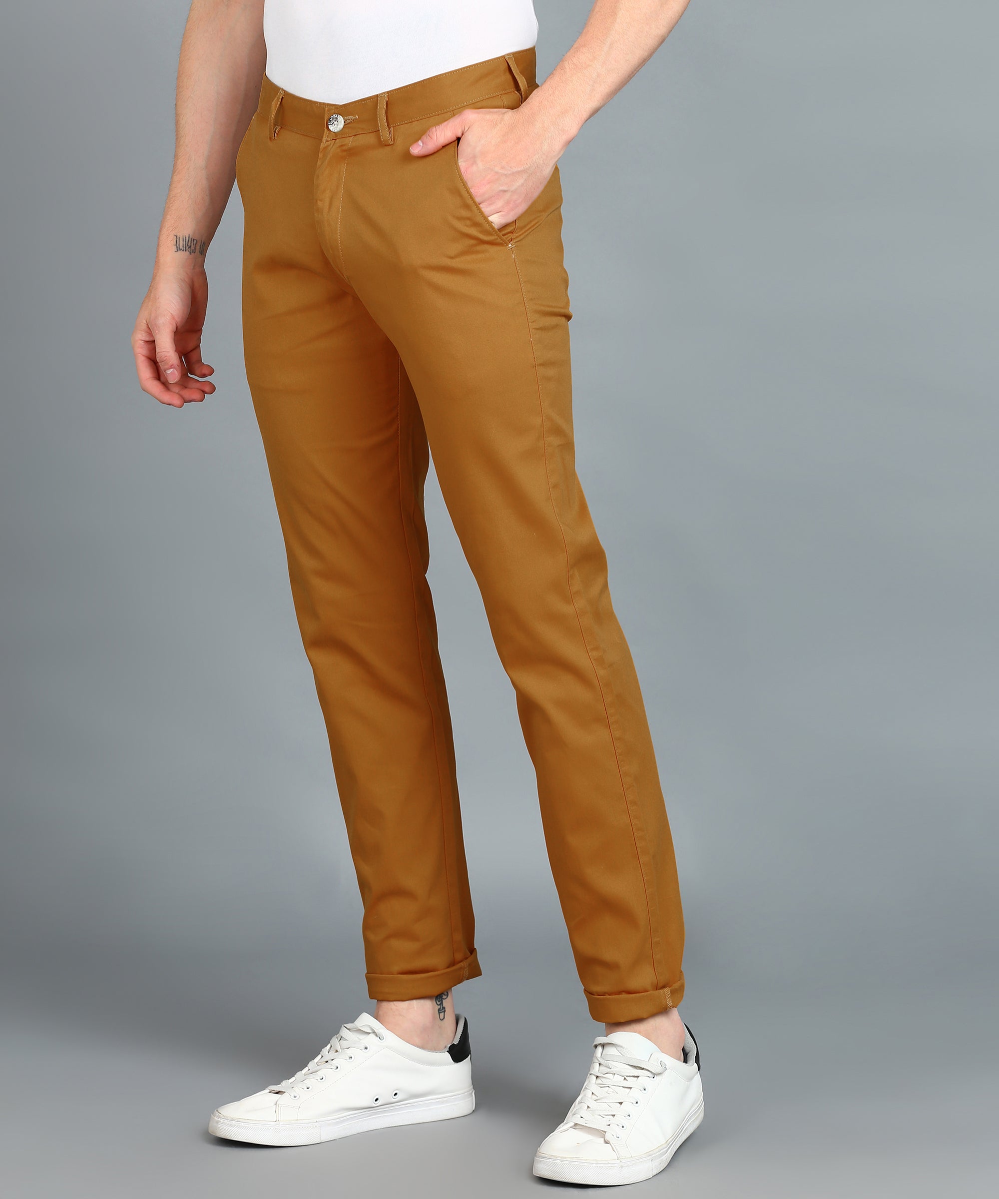 Men's Yellow Cotton Light Weight Non-Stretch Slim Fit Casual Trousers