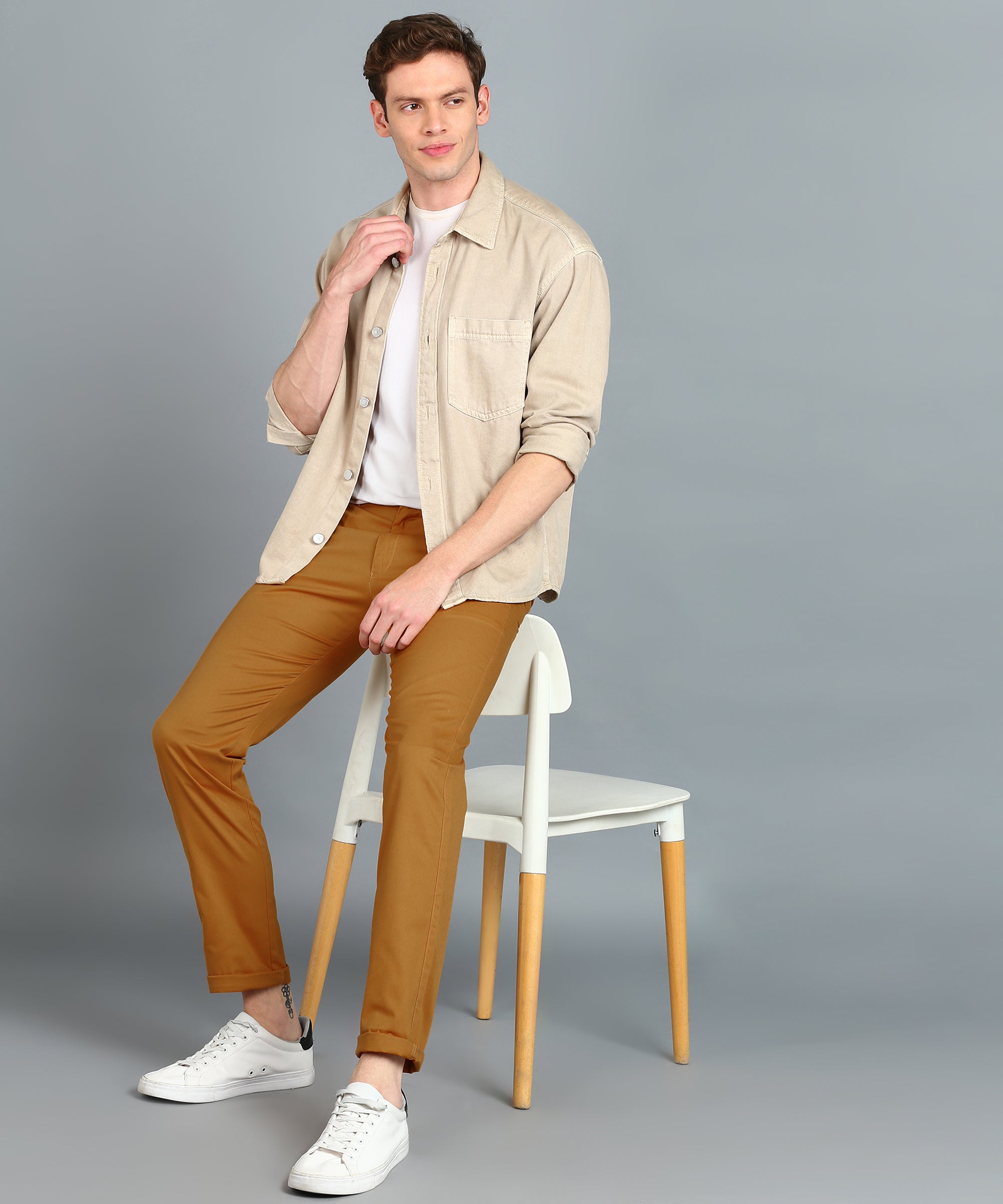 Men's Yellow Cotton Slim Fit Casual Chinos Trousers
