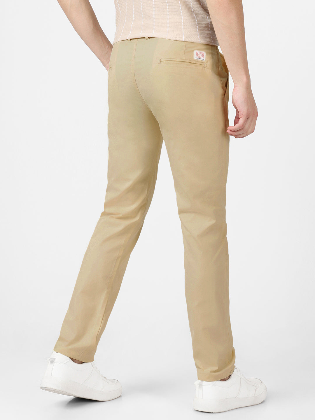 Men's Cream Cotton Light Weight Non-Stretch Slim Fit Casual Trousers