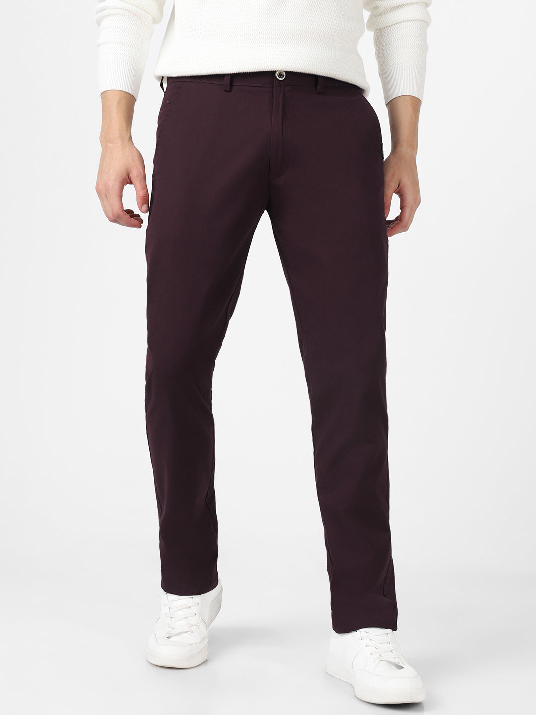 Men's Maroon Cotton Light Weight Non-Stretch Slim Fit Casual Trousers