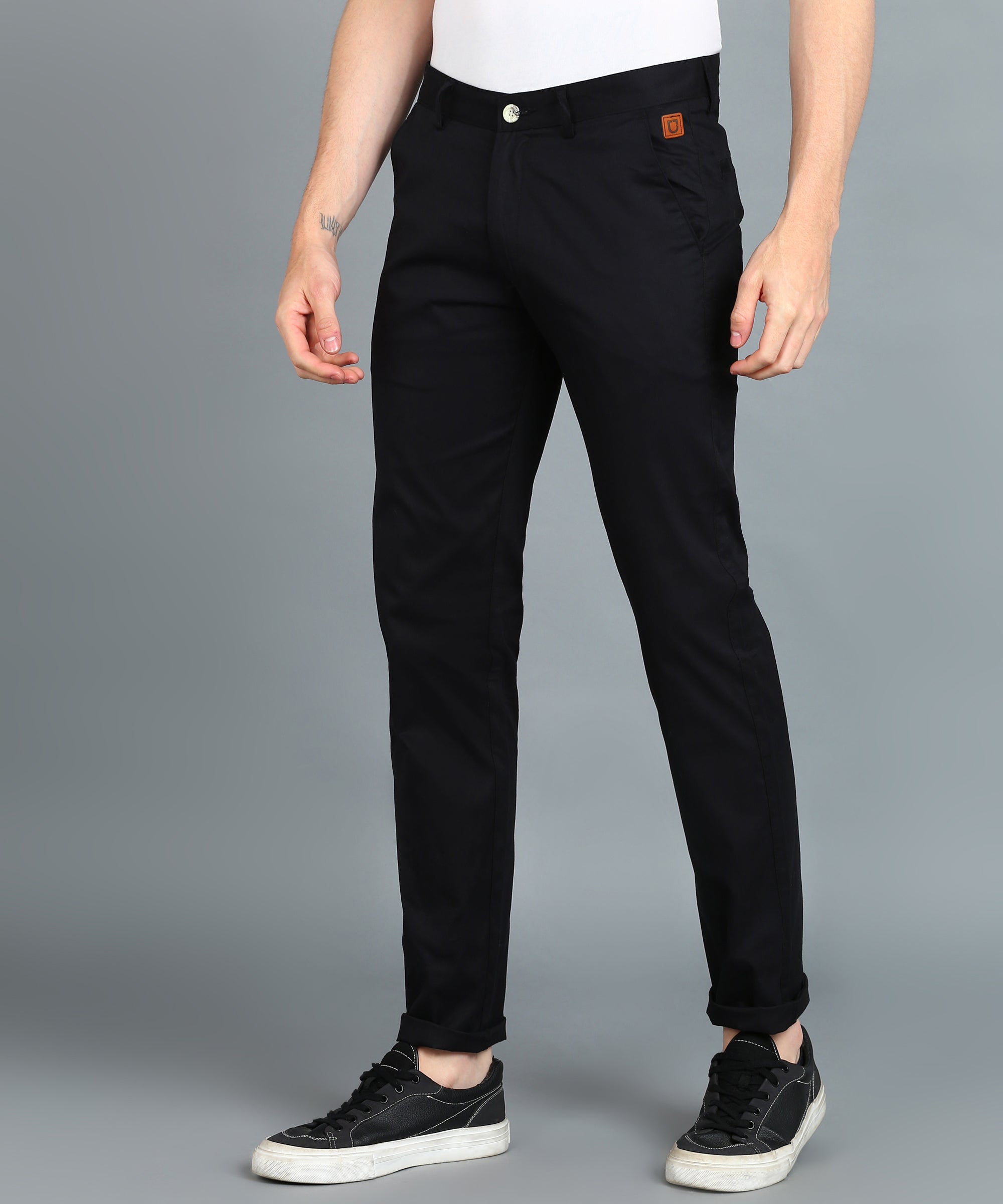 Urbano Fashion Men's Black Cotton Light Weight Non-Stretch Slim Fit Casual Trousers