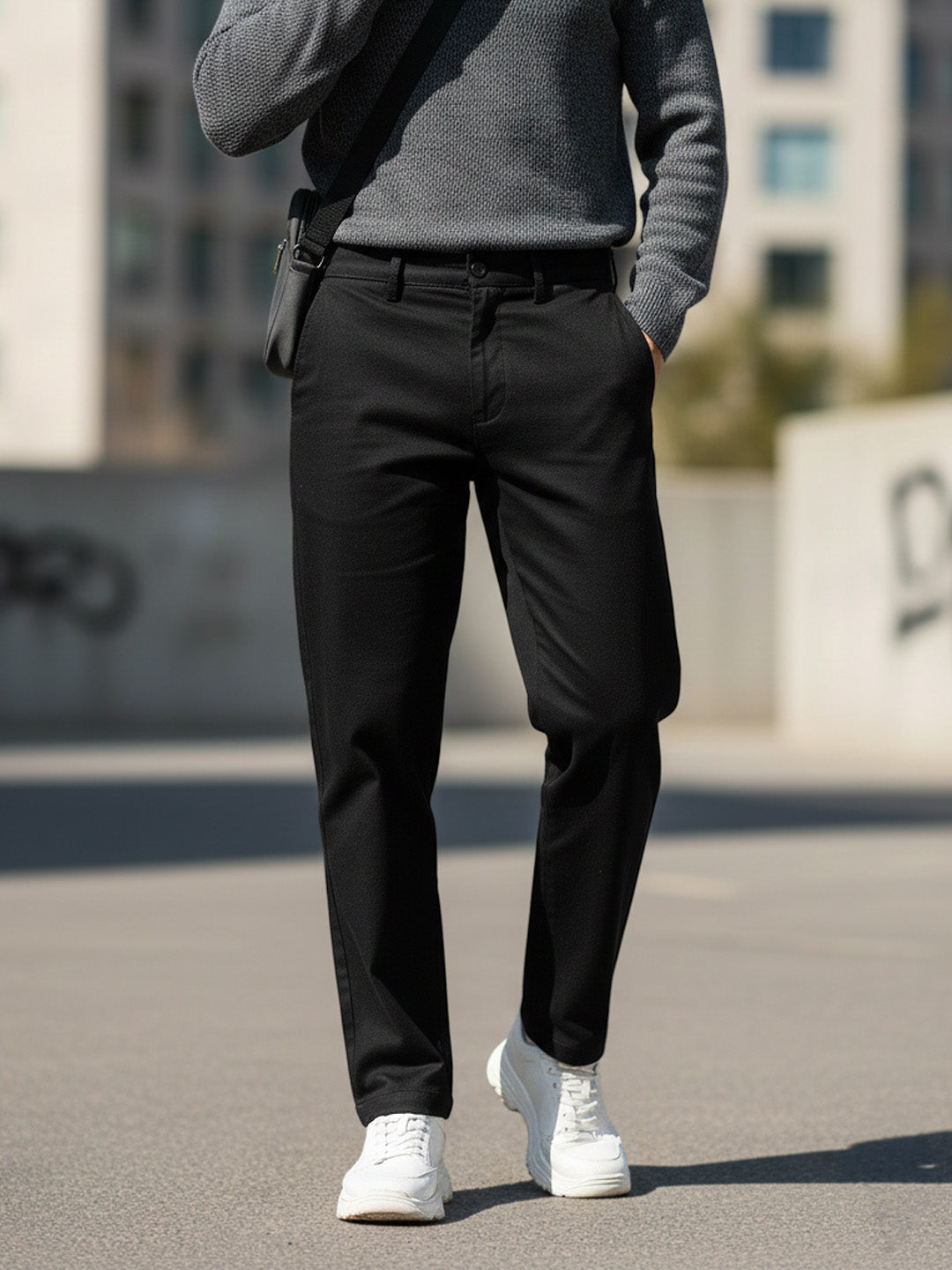 Men's Black Cotton Slim Fit Casual Chinos Trousers
