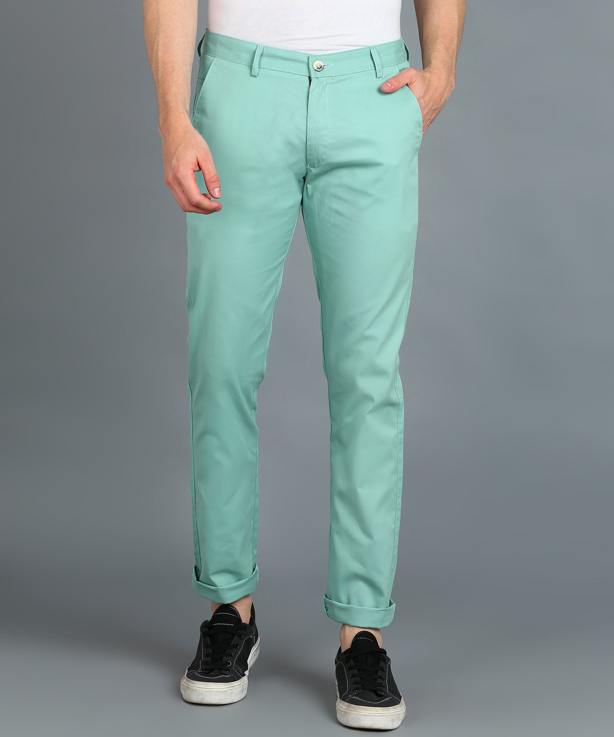 Men's Green Cotton Light Weight Non-Stretch Slim Fit Casual Trousers