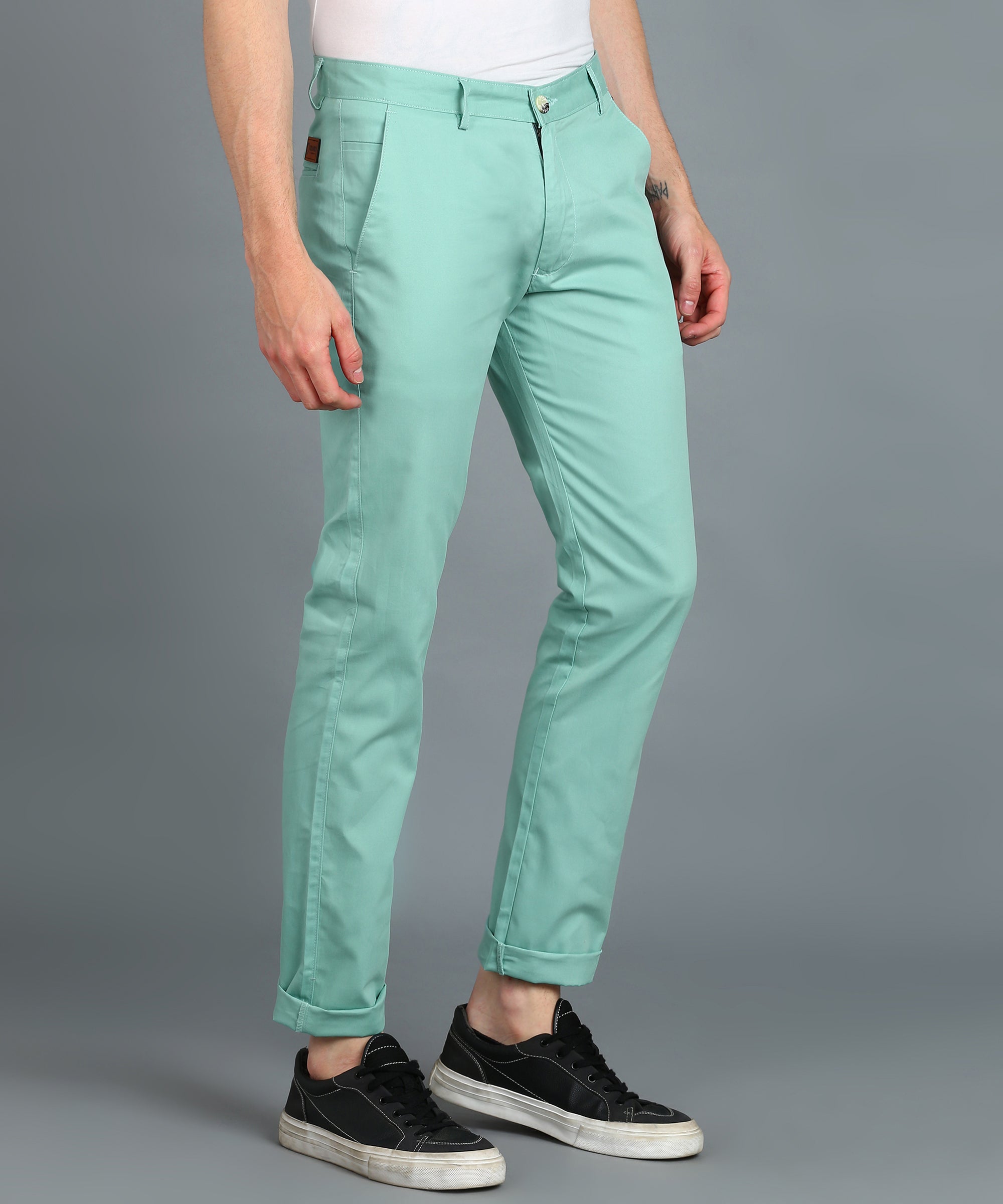 Men's Green Cotton Light Weight Non-Stretch Slim Fit Casual Trousers