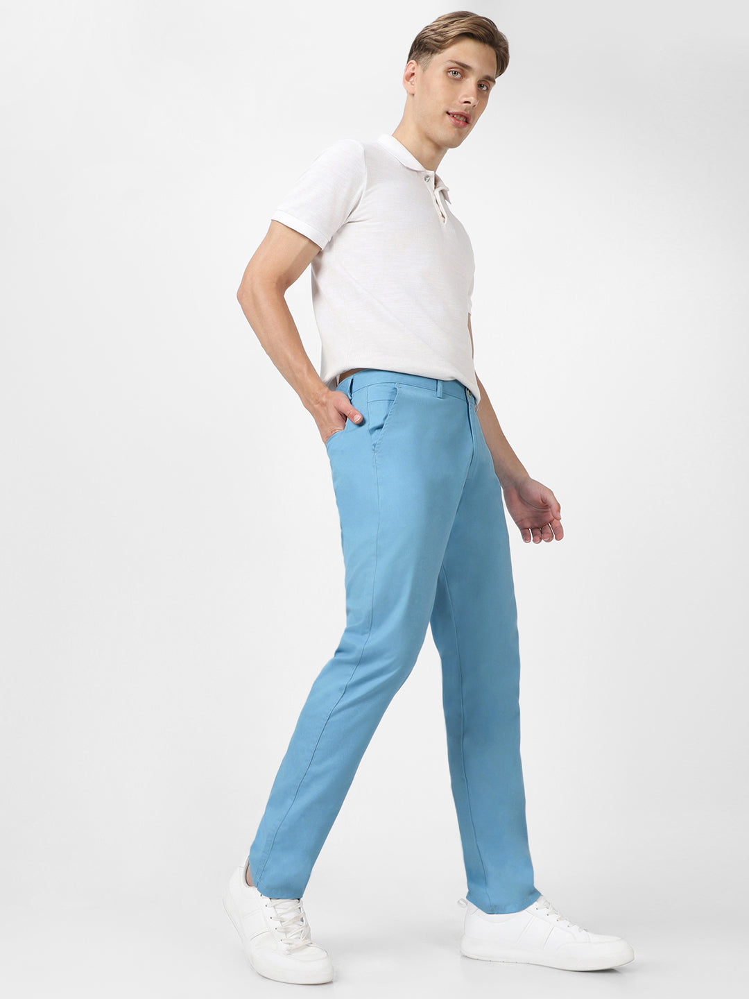Men's Blue Cotton Light Weight Non-Stretch Slim Fit Casual Trousers