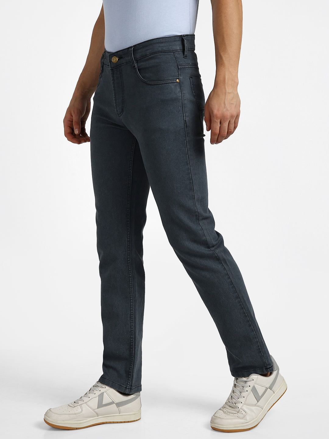 Men's Grey Regular Fit Washed Jeans Stretchable