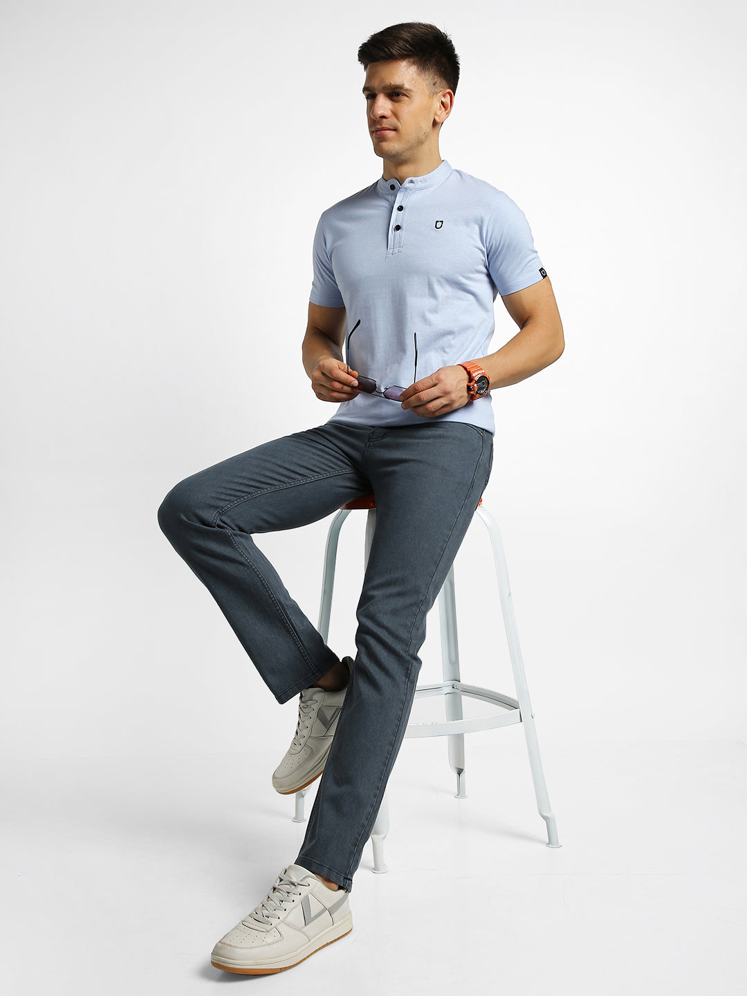 Men's Mild Grey Regular Fit Washed Jeans Stretchable