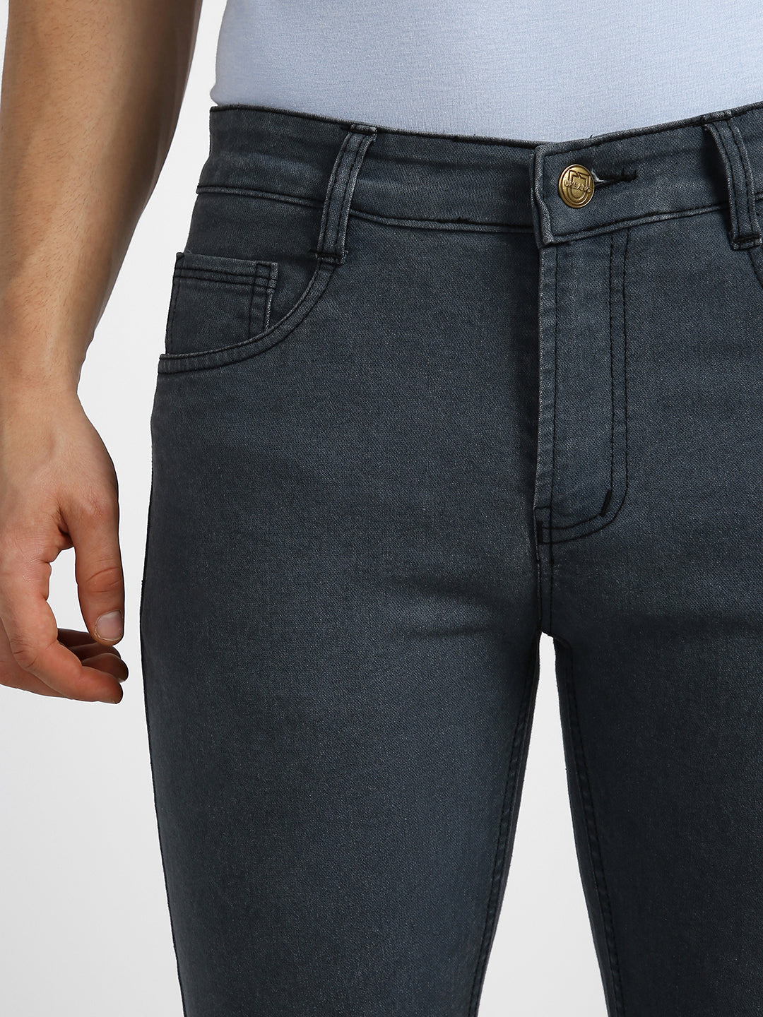 Men's Grey Regular Fit Washed Jeans Stretchable