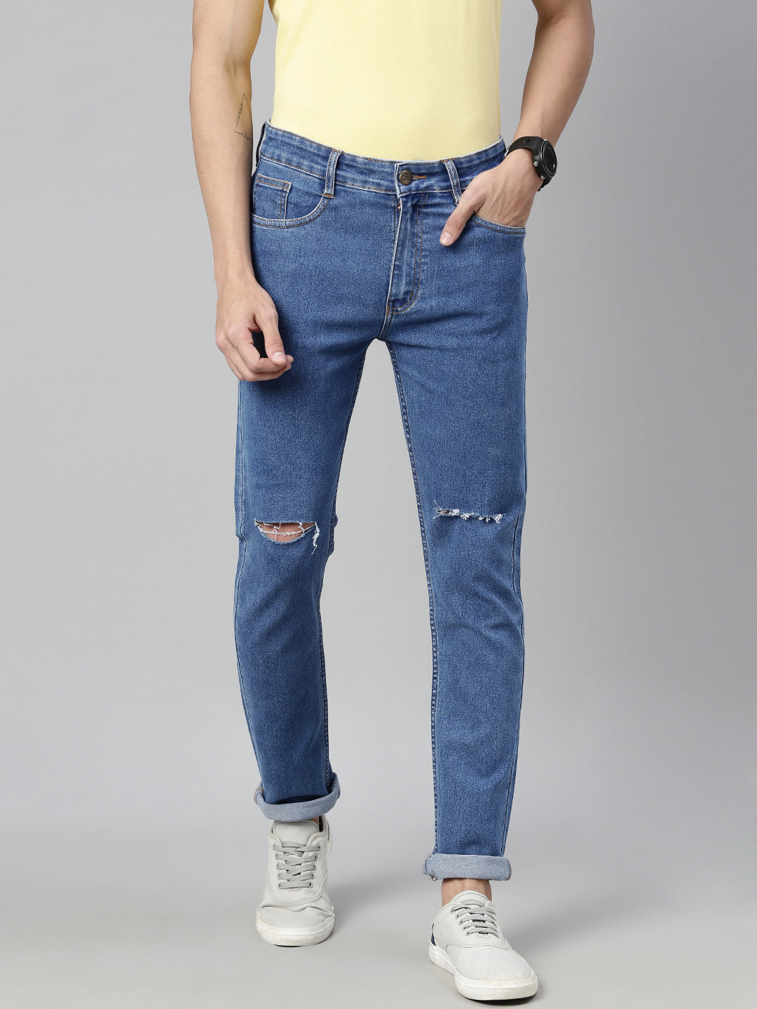 Urbano Fashion Men's Light Blue Slim Fit Knee Slit Distressed Jeans Stretchable