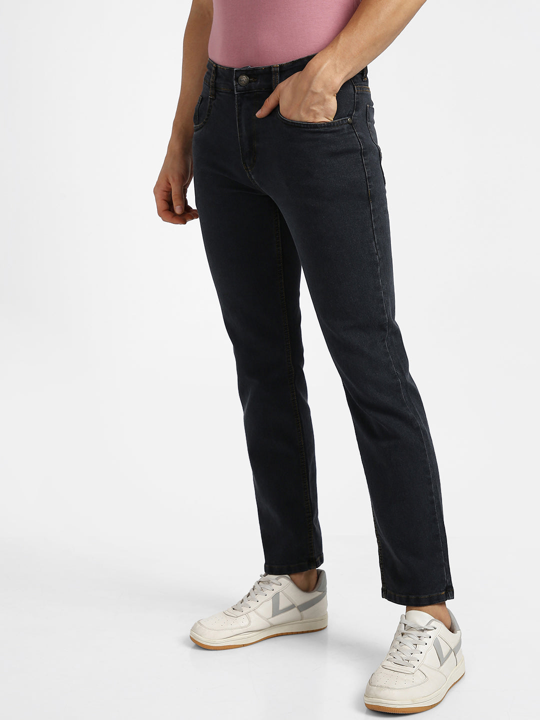 Men's Dark Grey Regular Fit Washed Jeans Stretchable