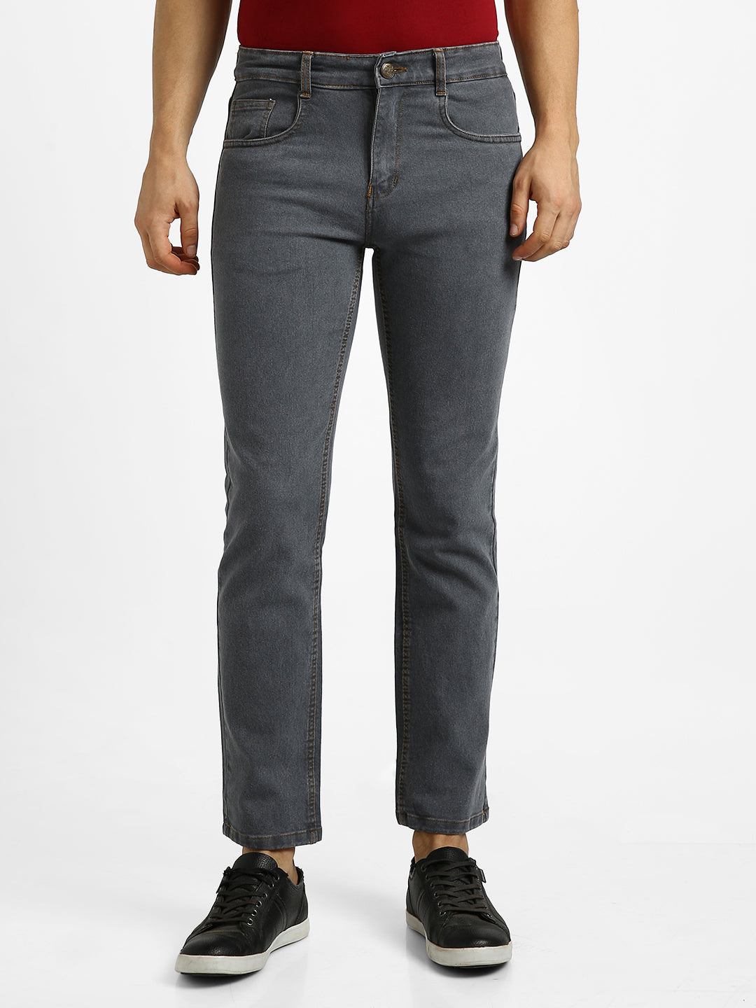 Men's Medium Grey Regular Fit Washed Jeans Stretchable