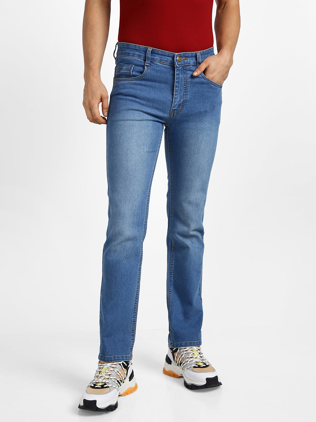 Men's Lightish Blue Regular Fit Washed Jeans Stretchable