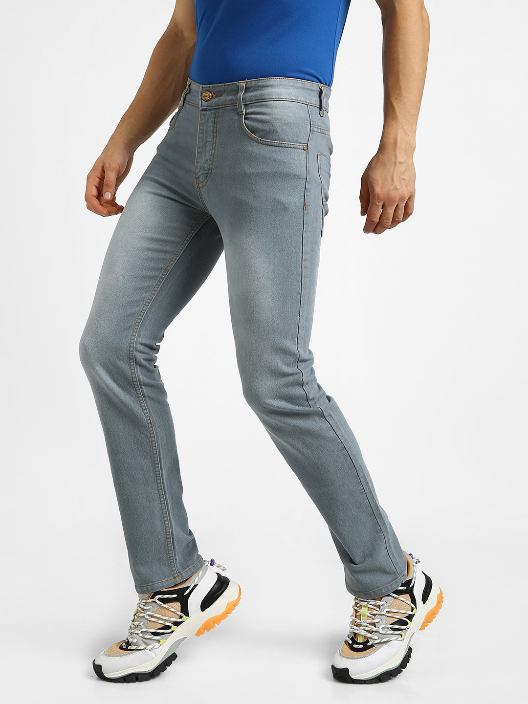 Men Light Grey Regular Fit Washed Stretchable Jeans