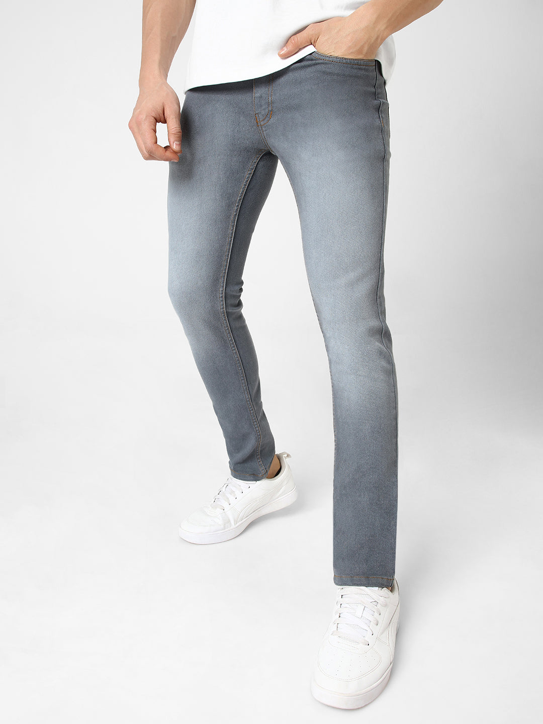 Men's Grey Slim Fit Washed Jeans Stretchable