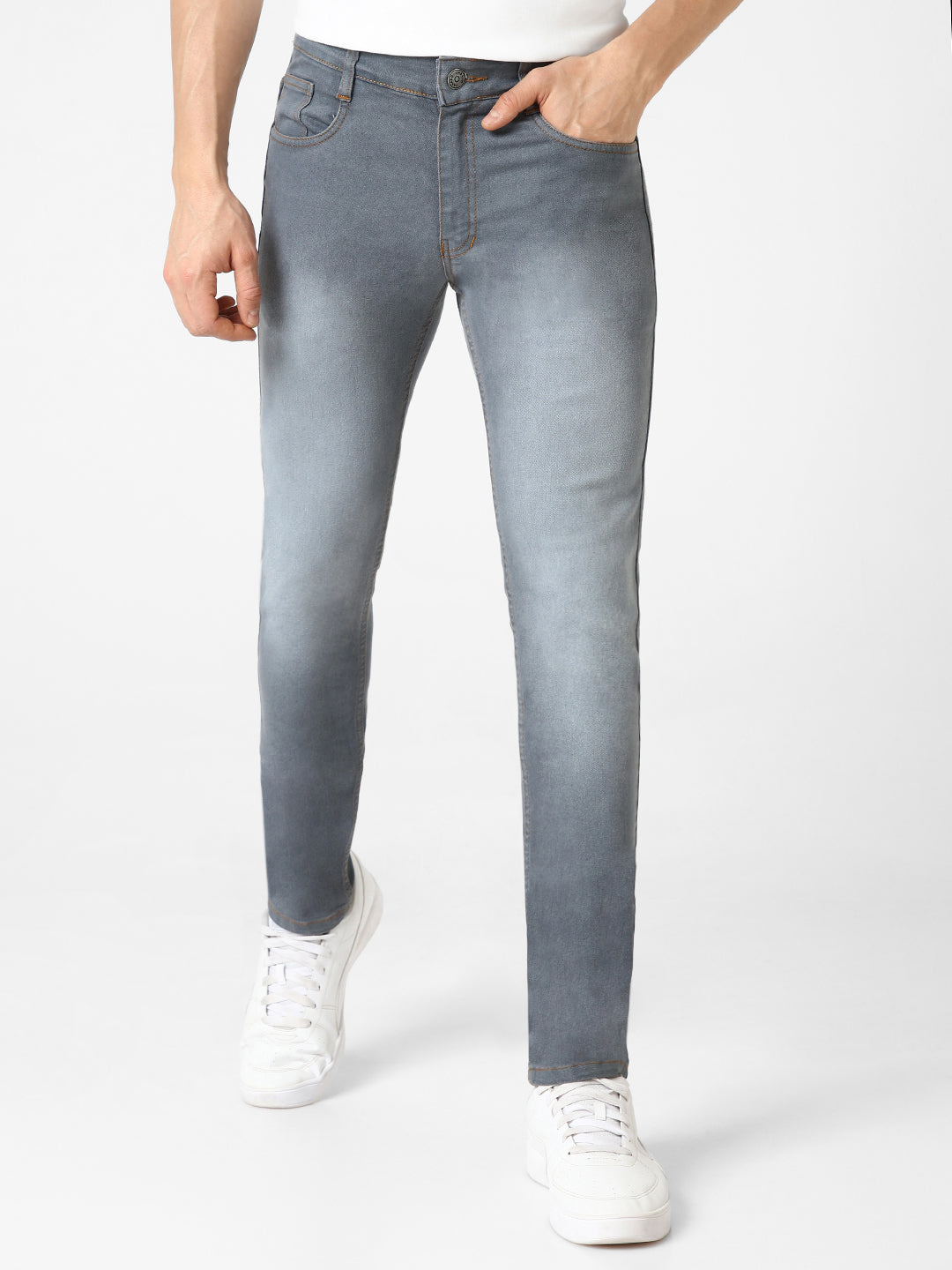 Men's Grey Slim Fit Washed Jeans Stretchable