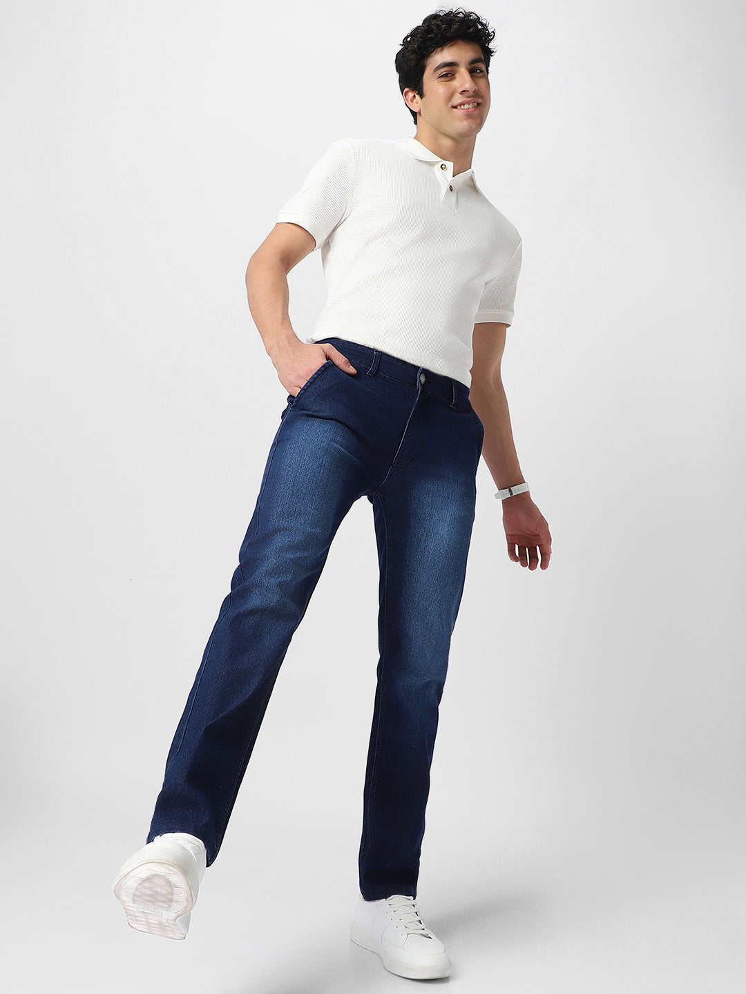 Men's Dark Blue Regular Fit Washed Jeans Stretchable