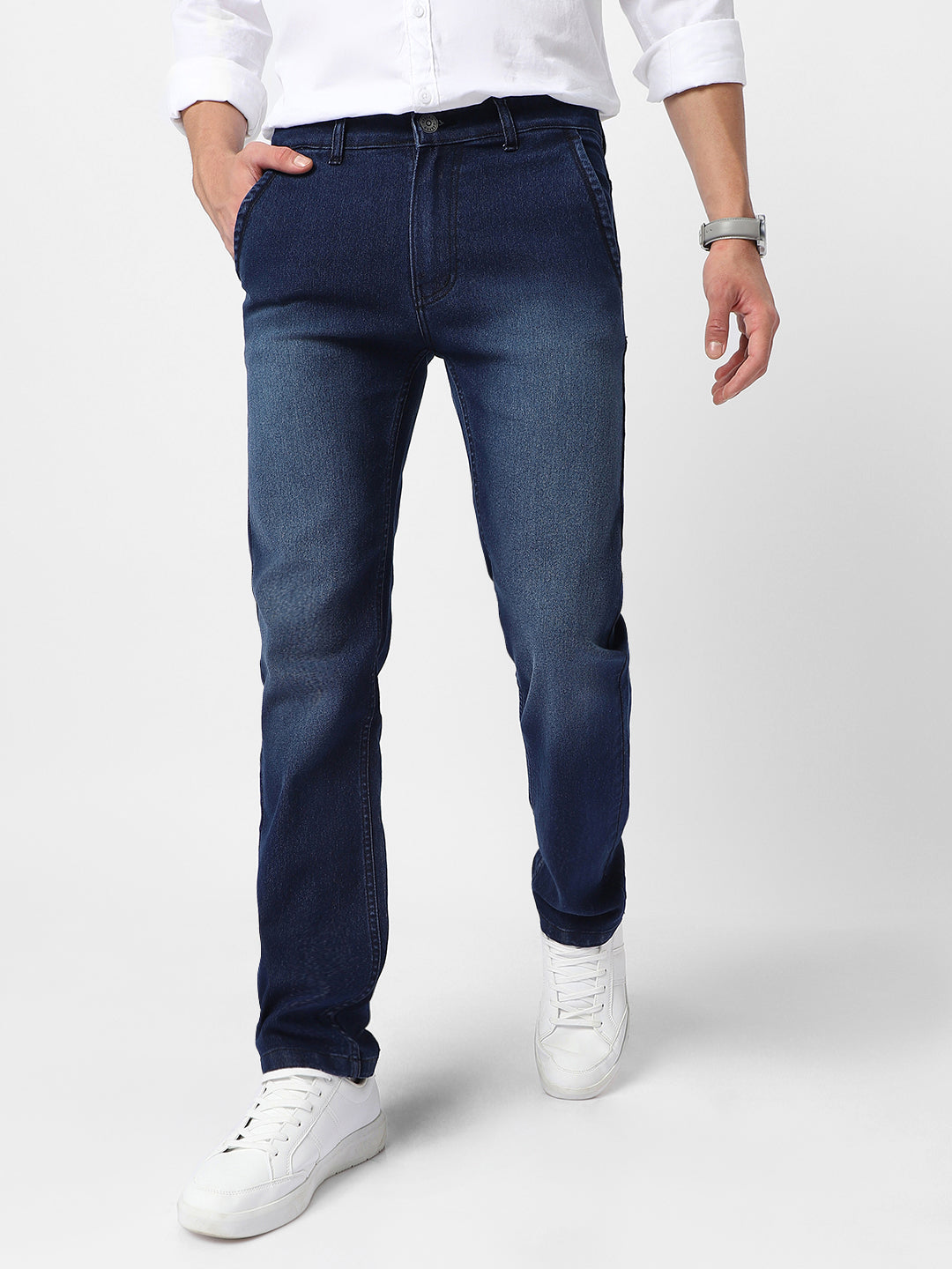 Men's Blue Regular Fit Washed Jeans Stretchable