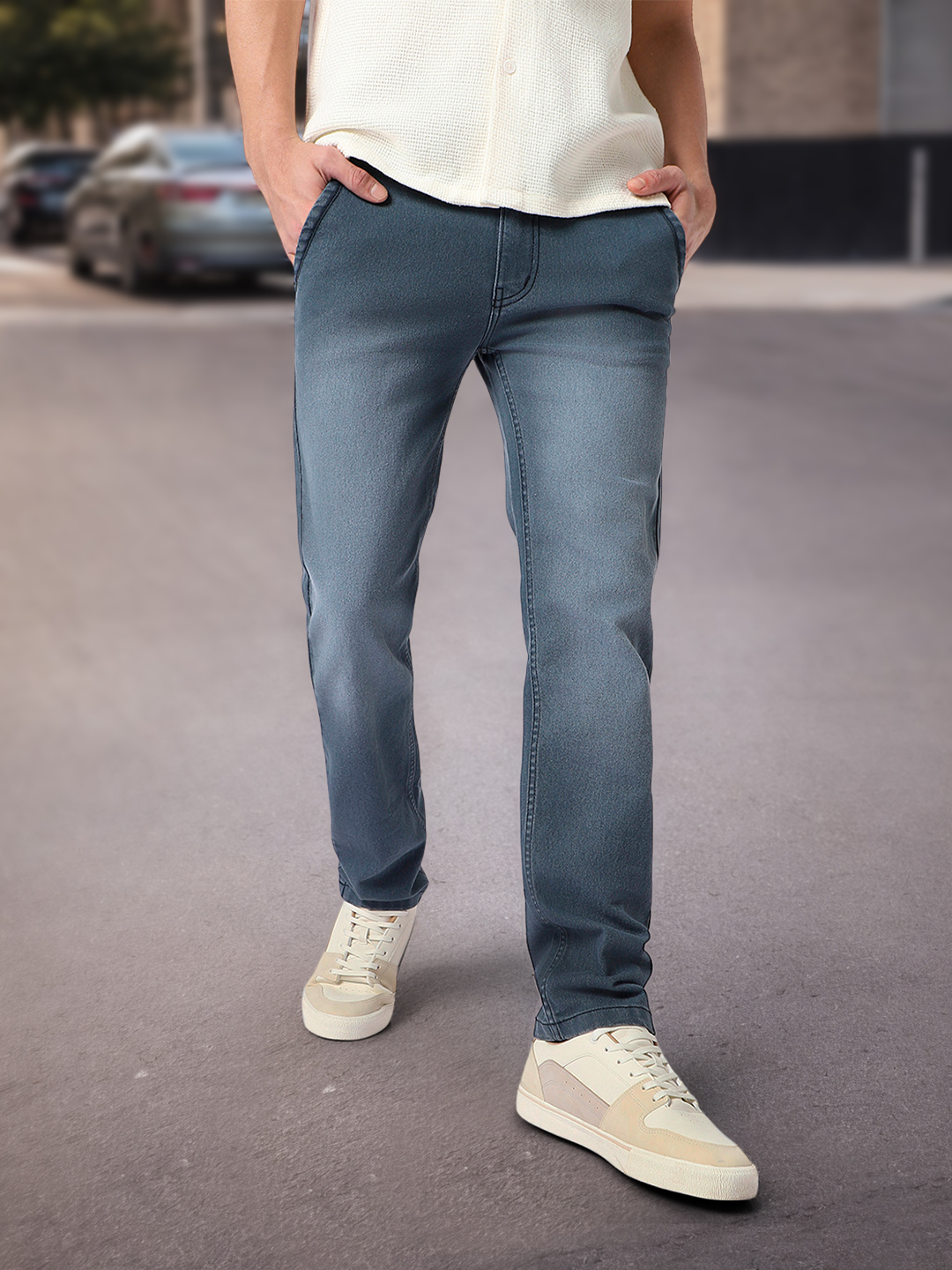 Men's Grey Regular Fit Washed Jeans Stretchable