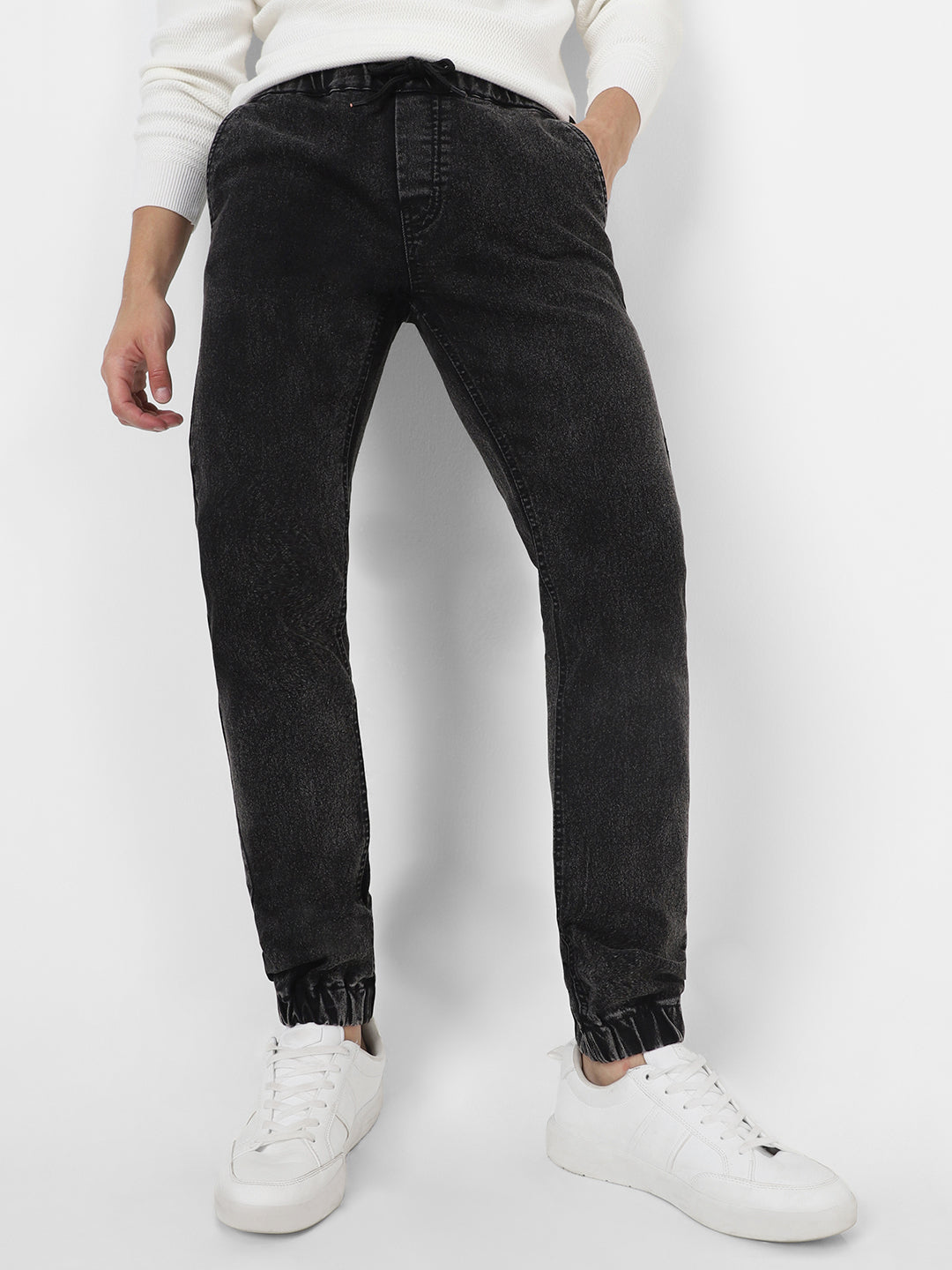 Men's Black Slim Fit Washed Jogger Jeans Stretchable