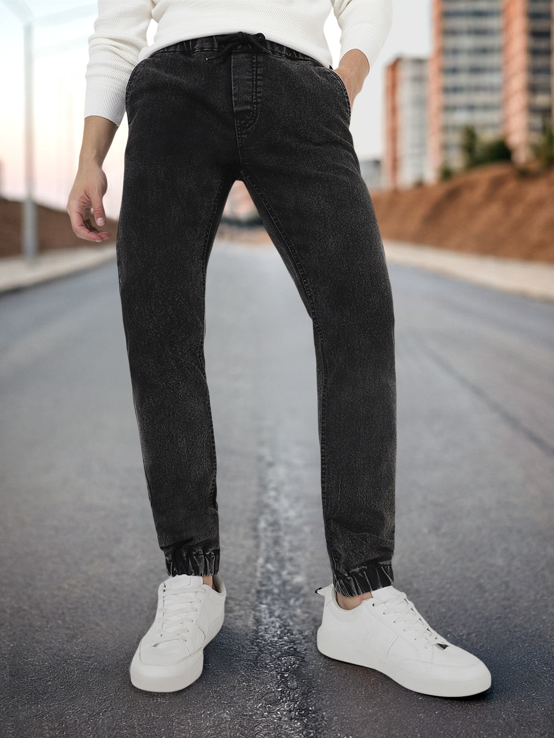 Men's Black Slim Fit Washed Jogger Jeans Stretchable