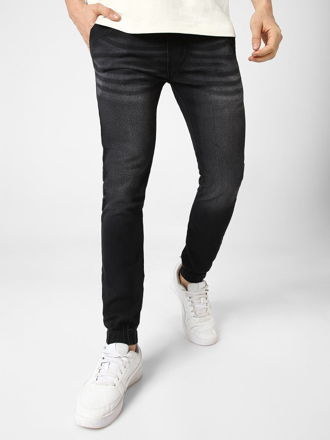 Men's Black Slim Fit Washed Jogger Jeans Stretchable