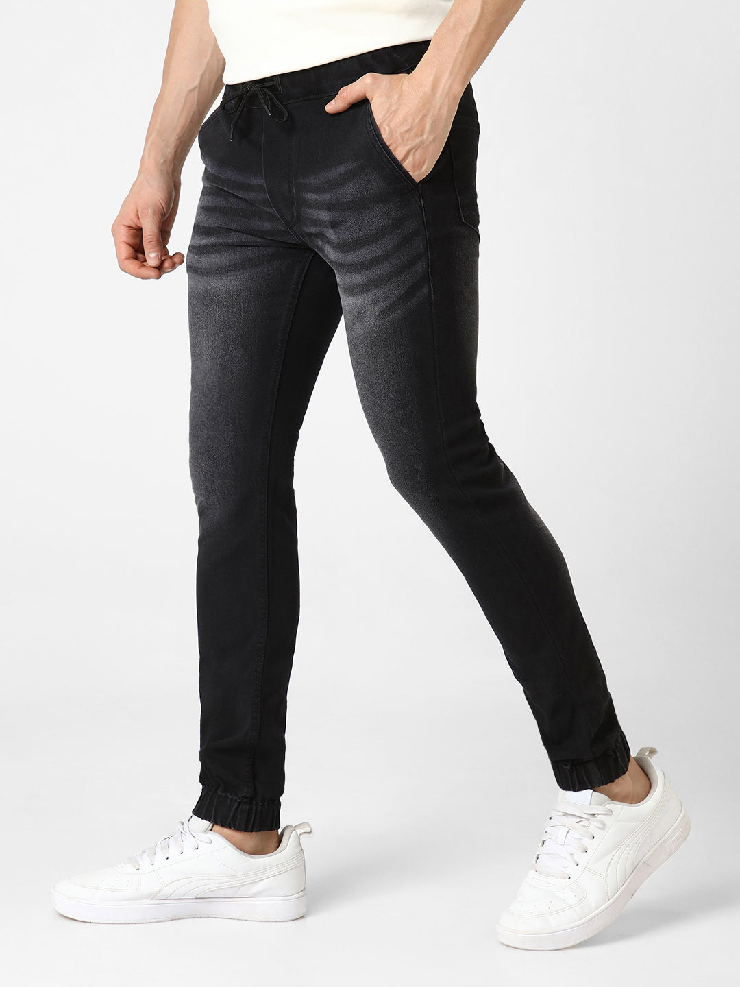 Men's Black Slim Fit Washed Jogger Jeans Stretchable