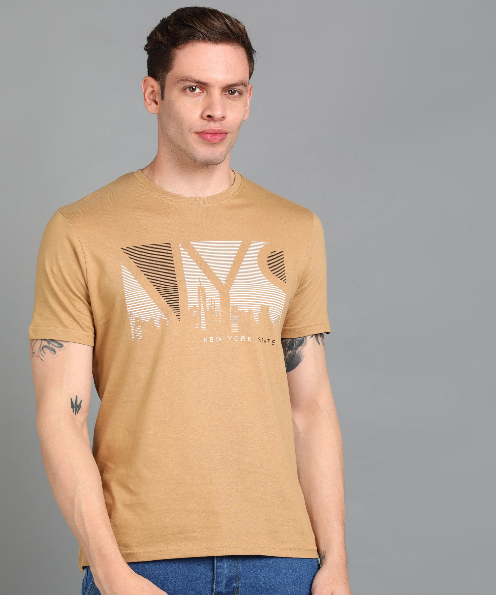 Urbano Fashion Men's Khaki Graphic Printed Round Neck Half Sleeve Slim Fit Cotton T-Shirt