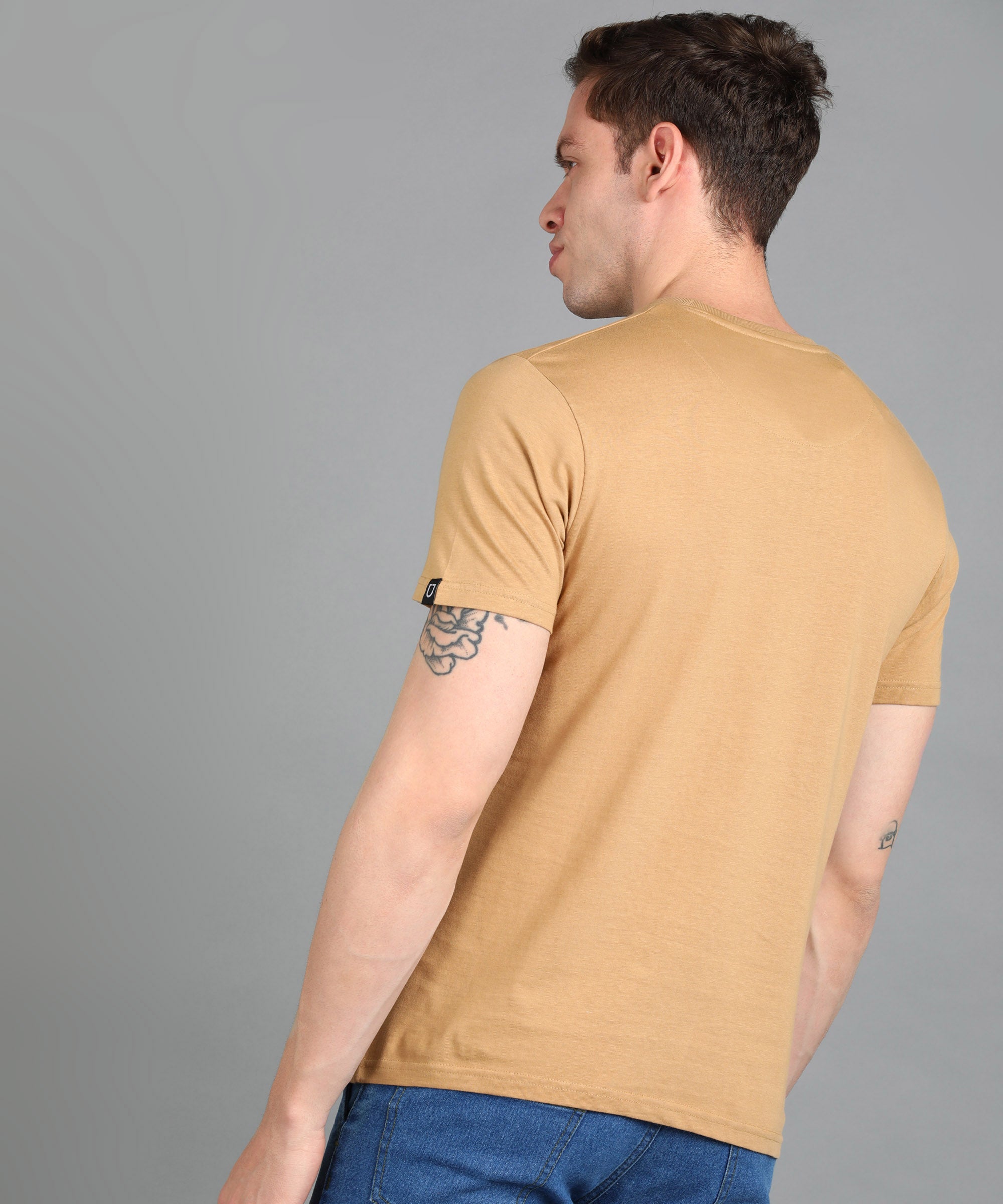 Urbano Fashion Men's Khaki Graphic Printed Round Neck Half Sleeve Slim Fit Cotton T-Shirt