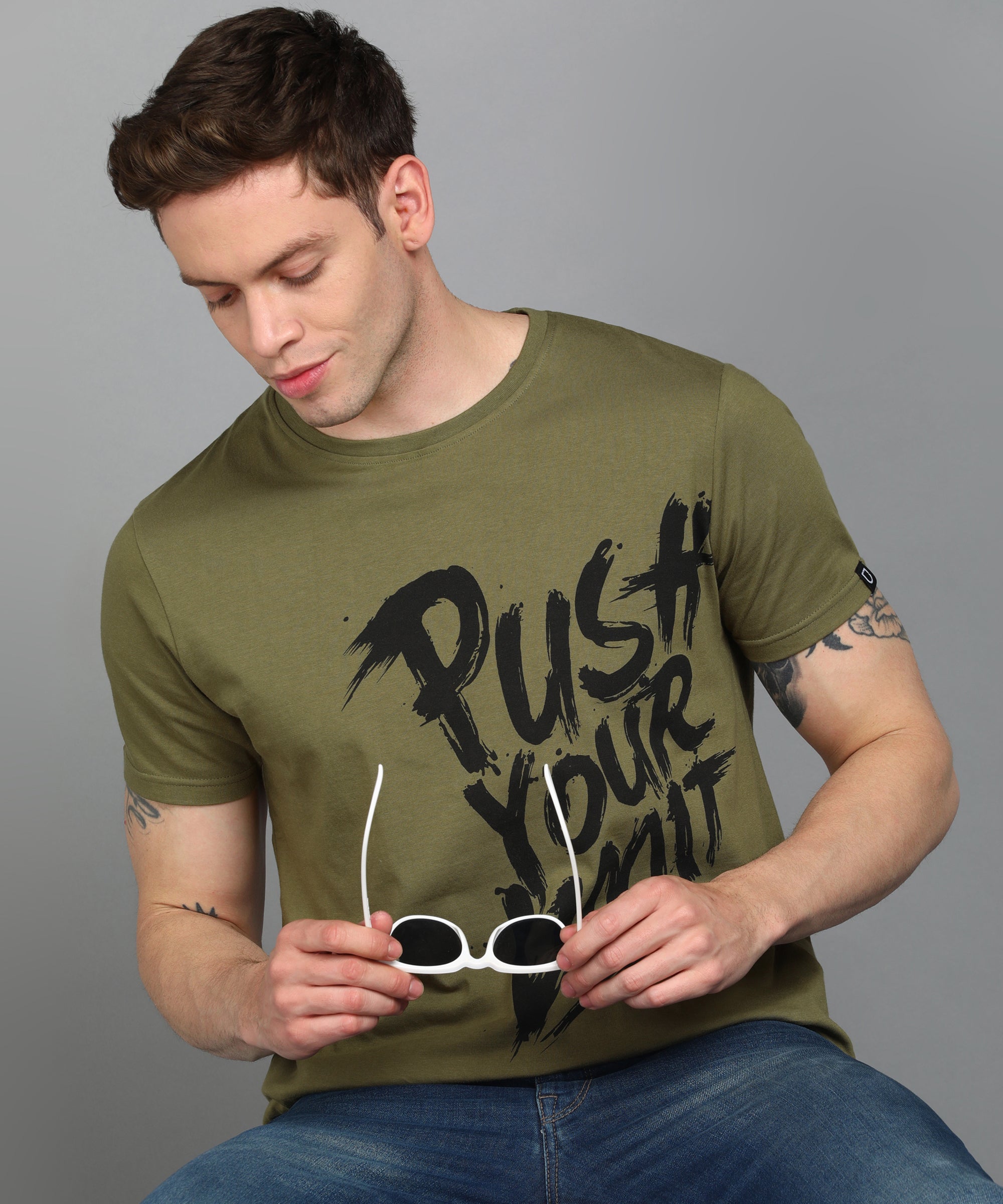 Urbano Fashion Men's Light Olive Graphic Printed Round Neck Half Sleeve Slim Fit Cotton T-Shirt