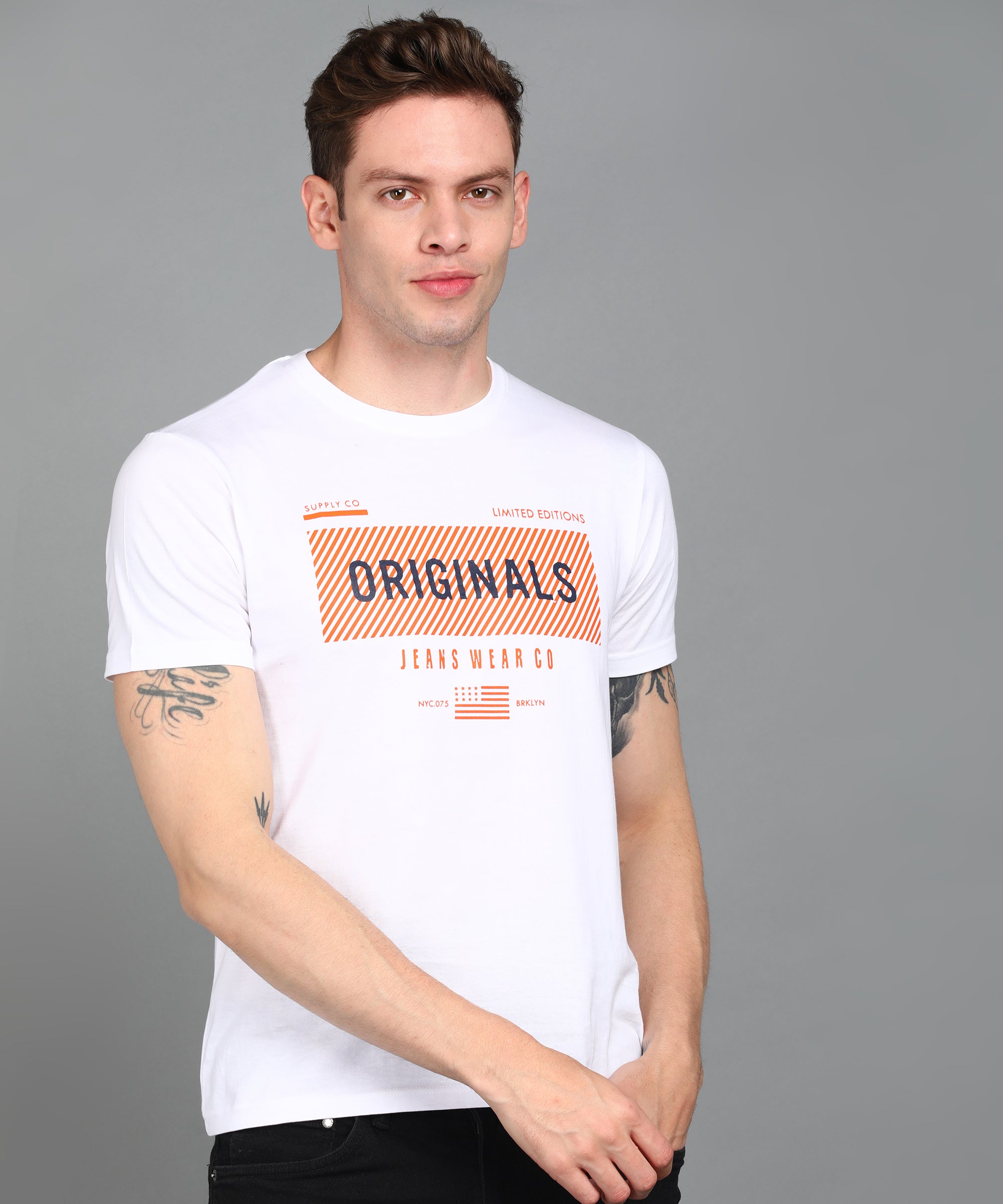 Urbano Fashion Men's White Graphic Printed Round Neck Half Sleeve Slim Fit Cotton T-Shirt
