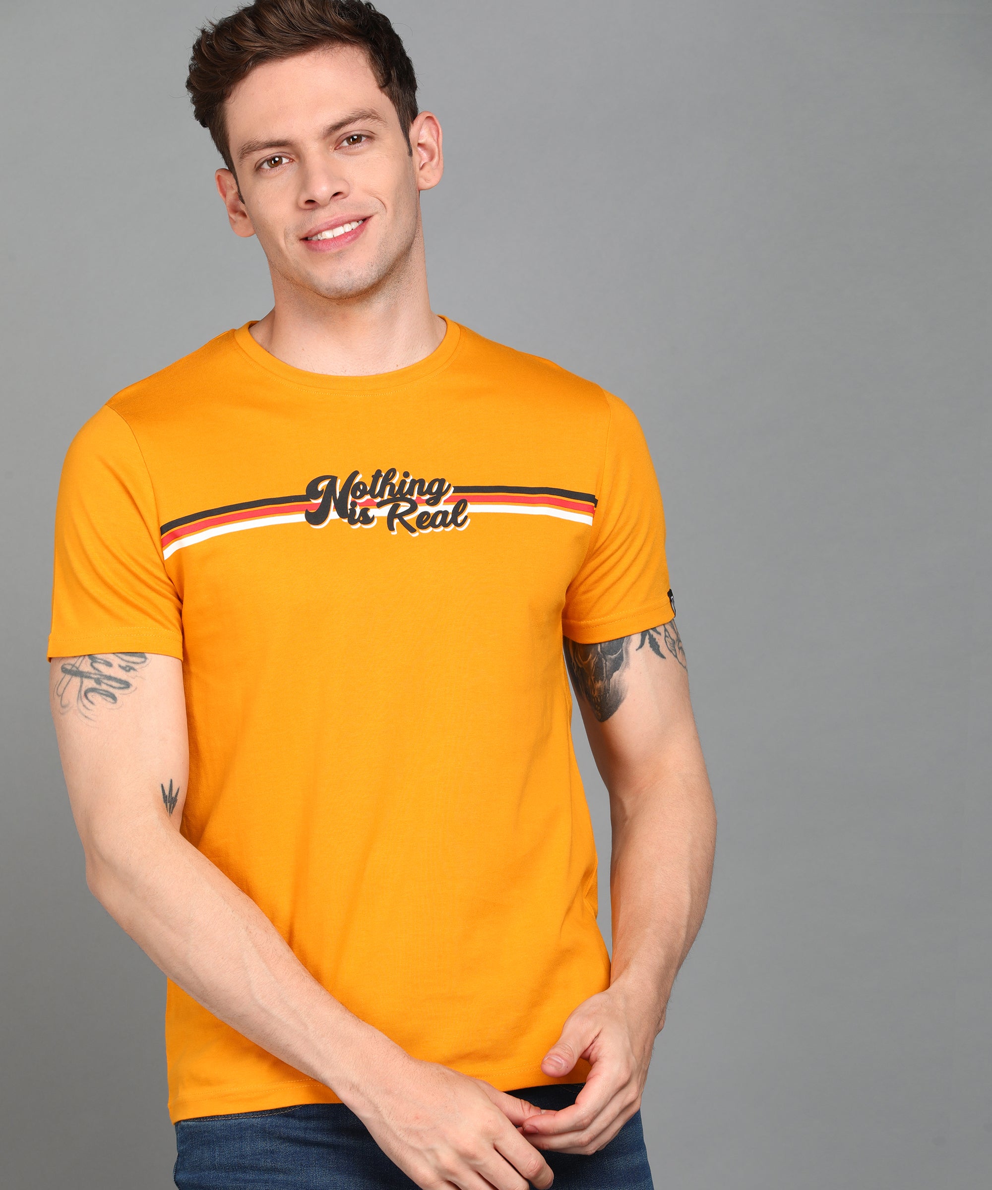 Urbano Fashion Men's Yellow Graphic Printed Round Neck Half Sleeve Slim Fit Cotton T-Shirt
