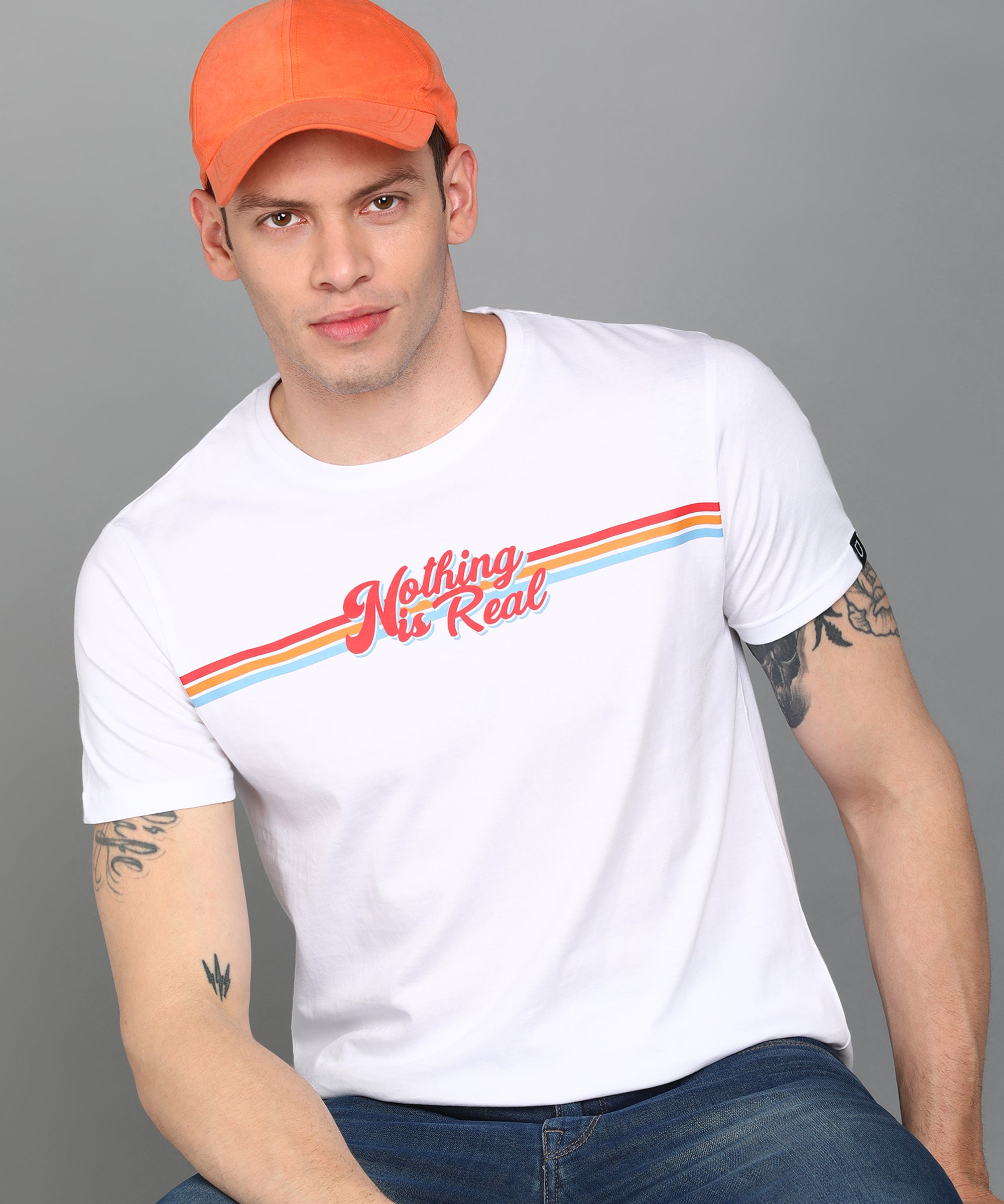 Urbano Fashion Men's White Graphic Printed Round Neck Half Sleeve Slim Fit Cotton T-Shirt