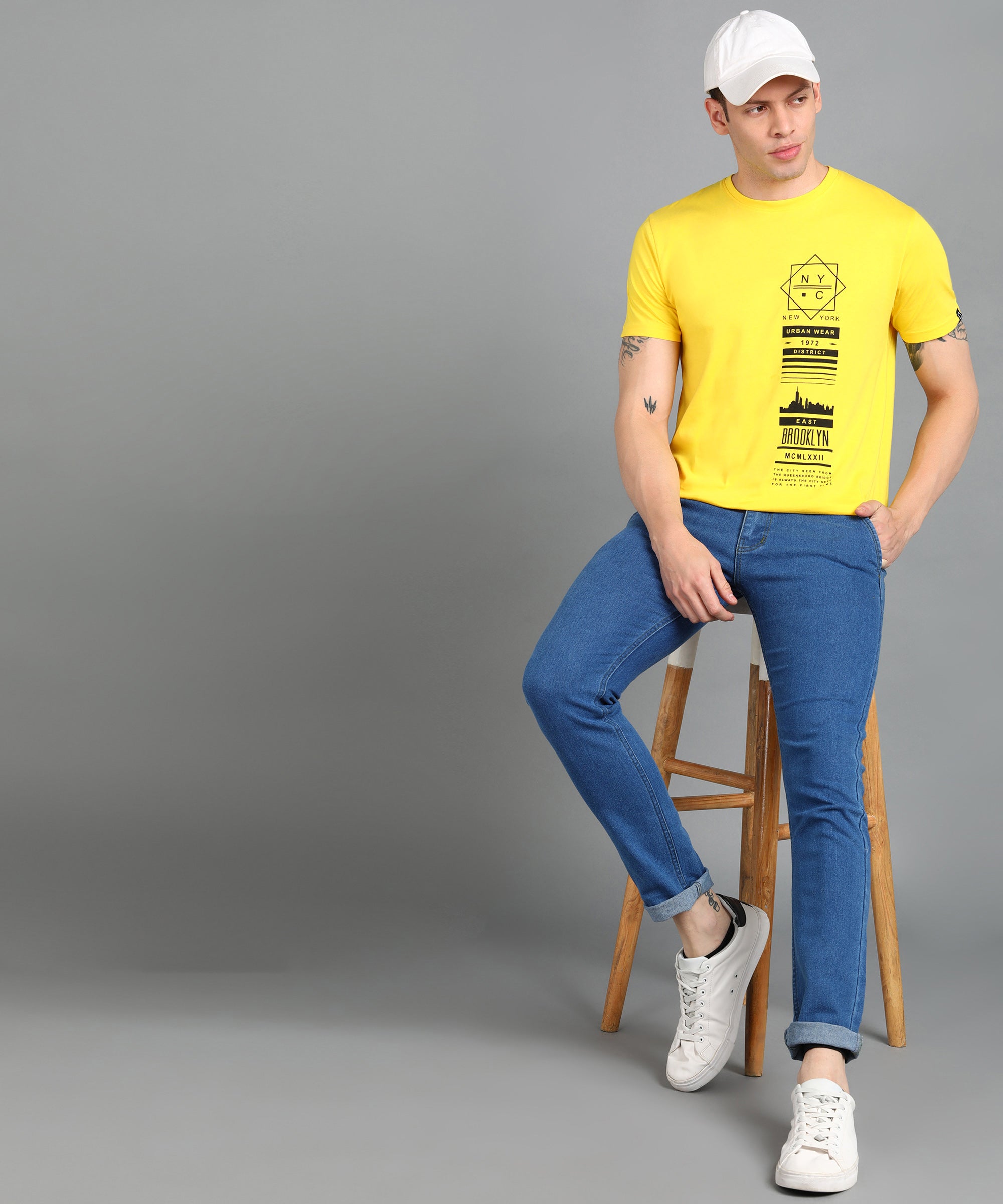 Urbano Fashion Men's Lime Yellow Graphic Printed Round Neck Half Sleeve Slim Fit Cotton T-Shirt