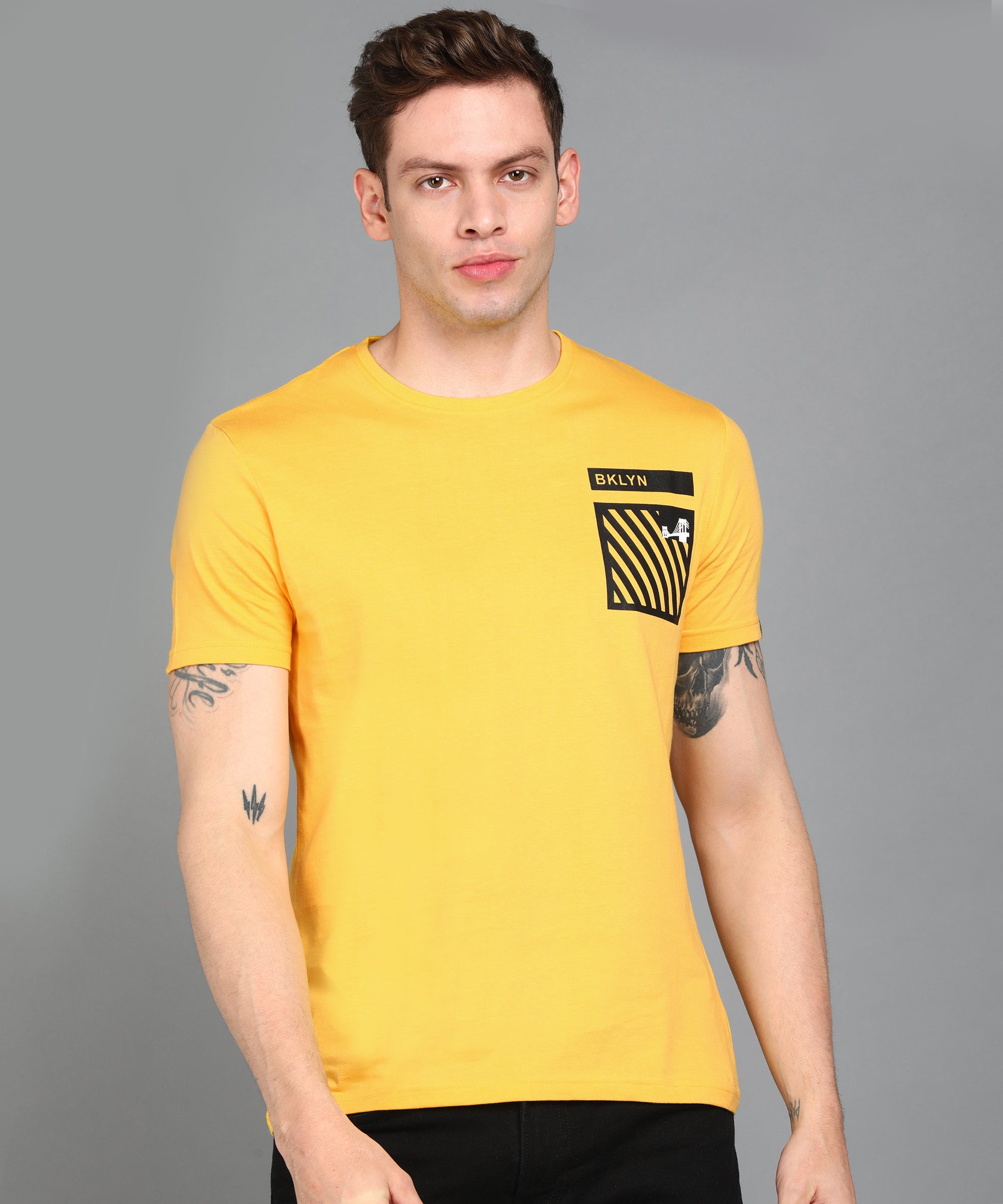 Urbano Fashion Men's Lime Yellow Graphic Printed Round Neck Half Sleeve Slim Fit Cotton T-Shirt