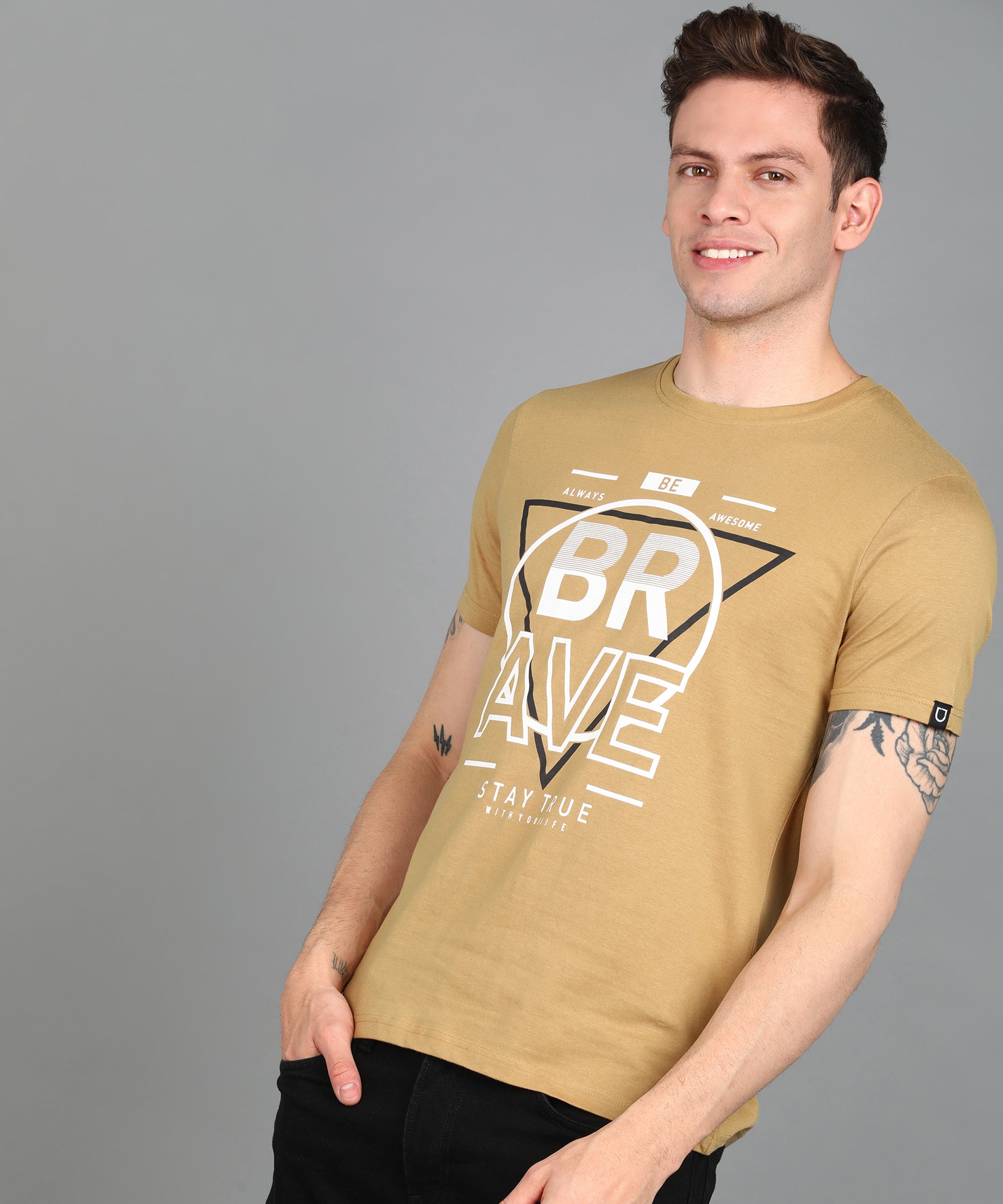 Men's Khaki Graphic Printed Round Neck Half Sleeve Slim Fit Cotton T-Shirt