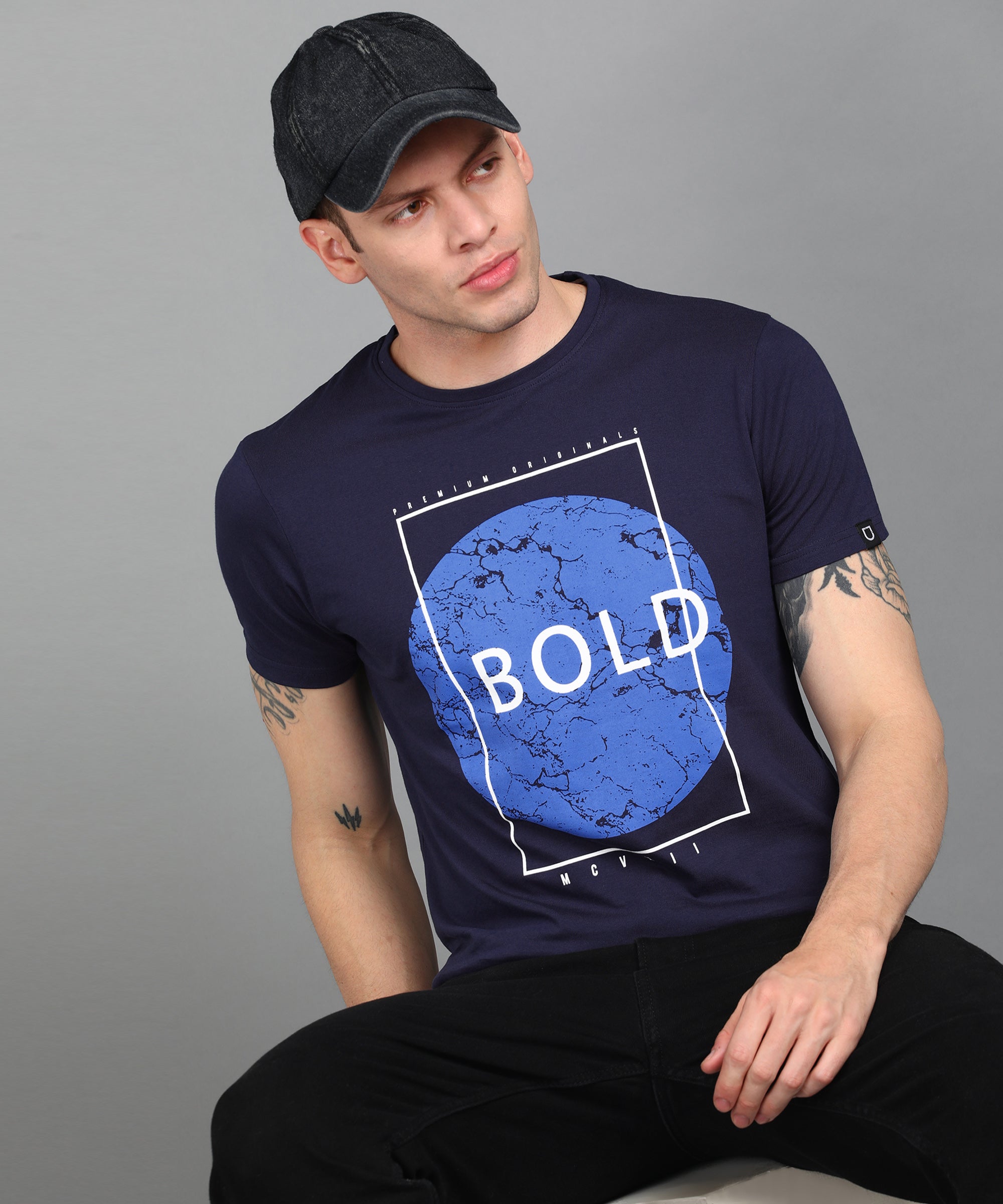 Urbano Fashion Men's Dark Blue Graphic Printed Round Neck Half Sleeve Slim Fit Cotton T-Shirt
