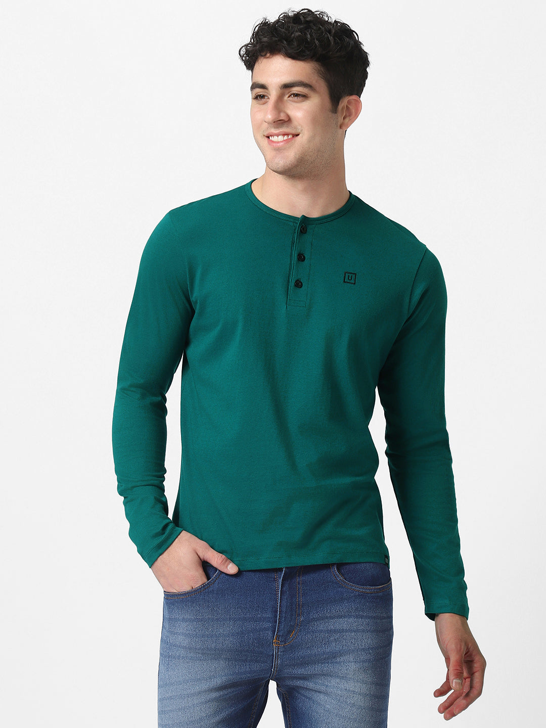 Men's Dark Green Solid Henley Neck Slim Fit Cotton T-Shirt