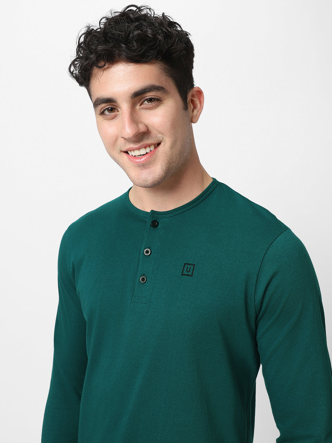 Men's Dark Green Solid Henley Neck Slim Fit Cotton T-Shirt