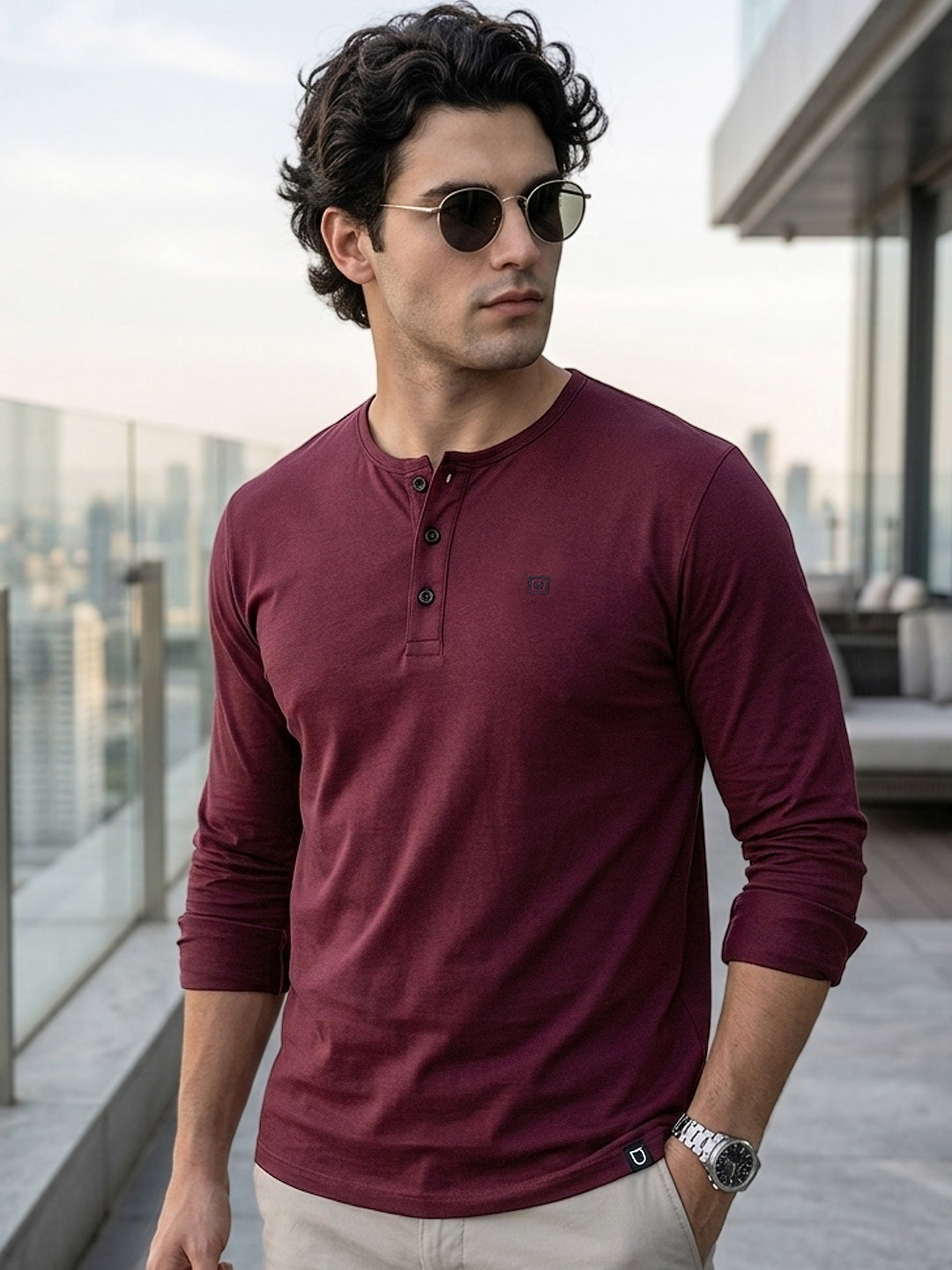Men's Maroon Solid Henley Neck Slim Fit Full Sleeve Cotton T-Shirt