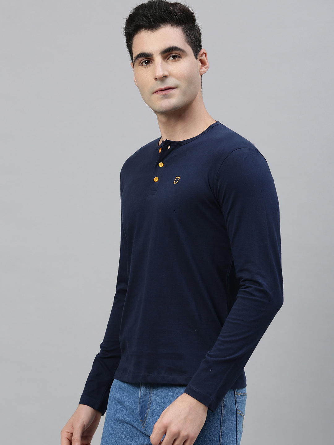 Men's Navy Blue Solid Henley Neck Slim Fit Cotton T-Shirt