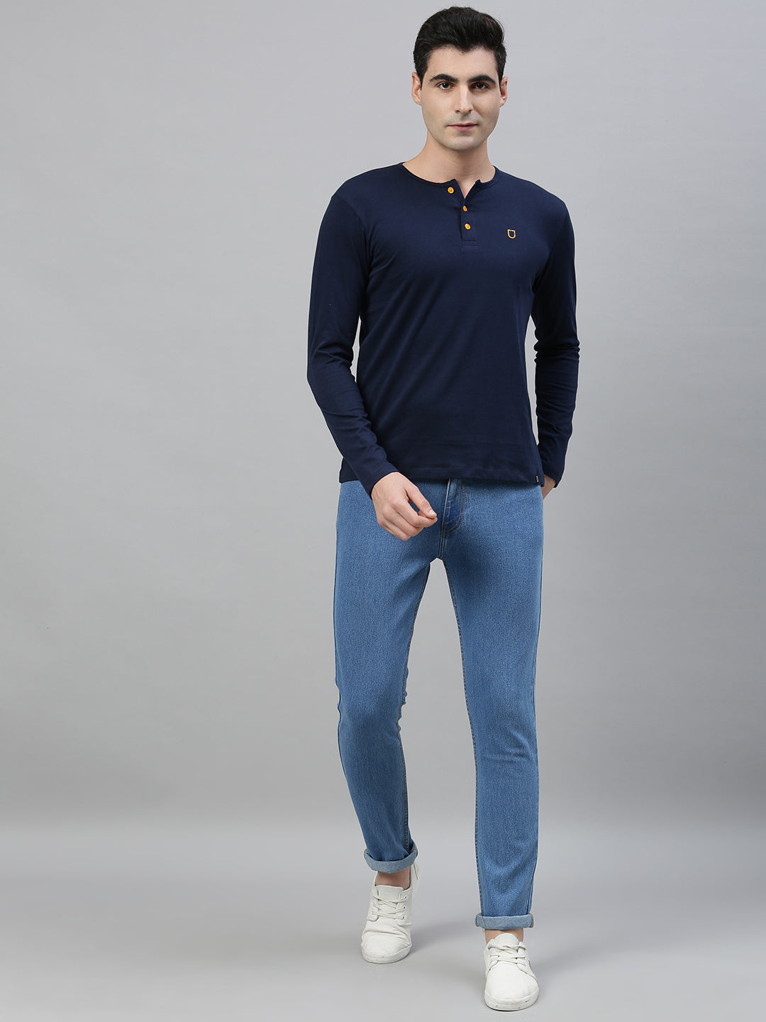 Urbano Fashion Men's Navy Blue Solid Henley Neck Slim Fit Cotton T-Shirt