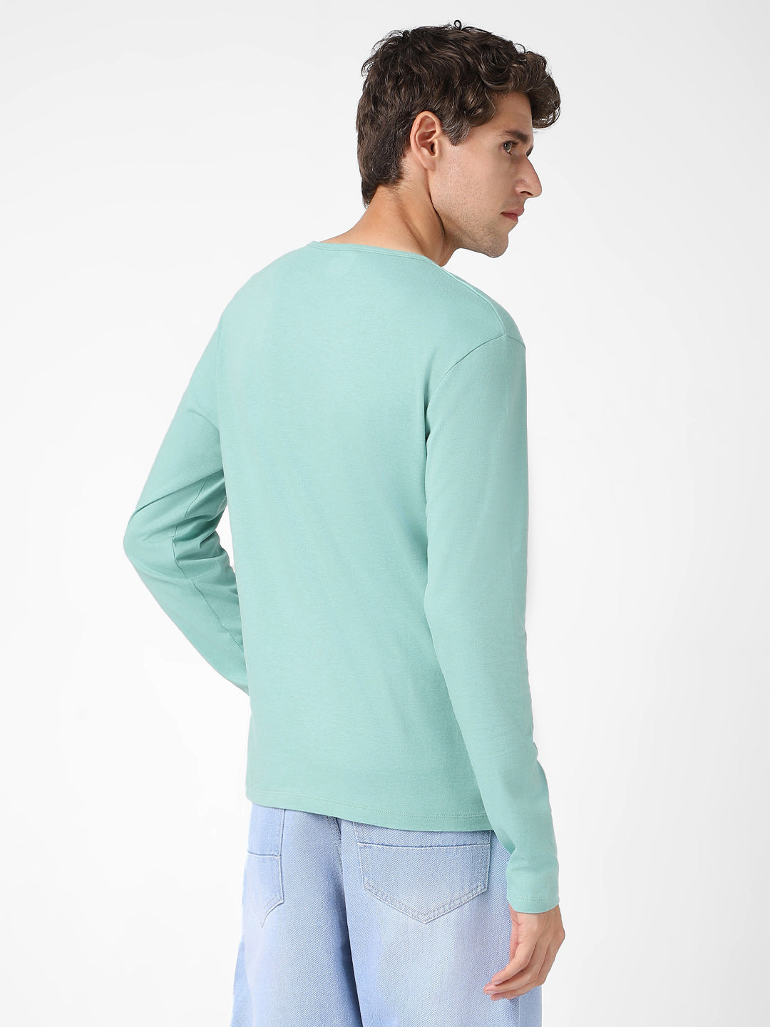 Men's Nile Blue Solid Henley Neck Slim Fit Full Sleeve Cotton T-Shirt
