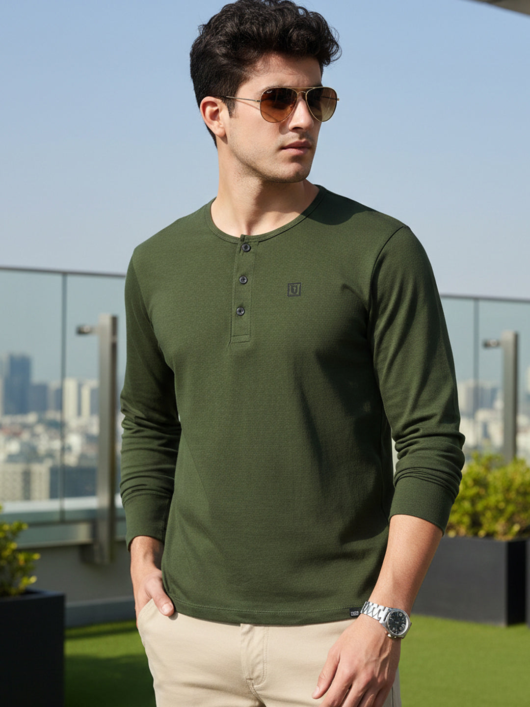 Men's Olive Green Solid Henley Neck Slim Fit Cotton T-Shirt