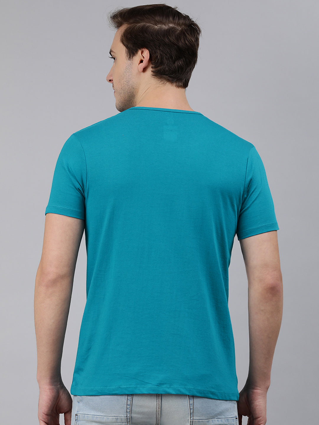 Men's Aqua Blue Solid Henley Neck Slim Fit Half Sleeve Cotton T-Shirt