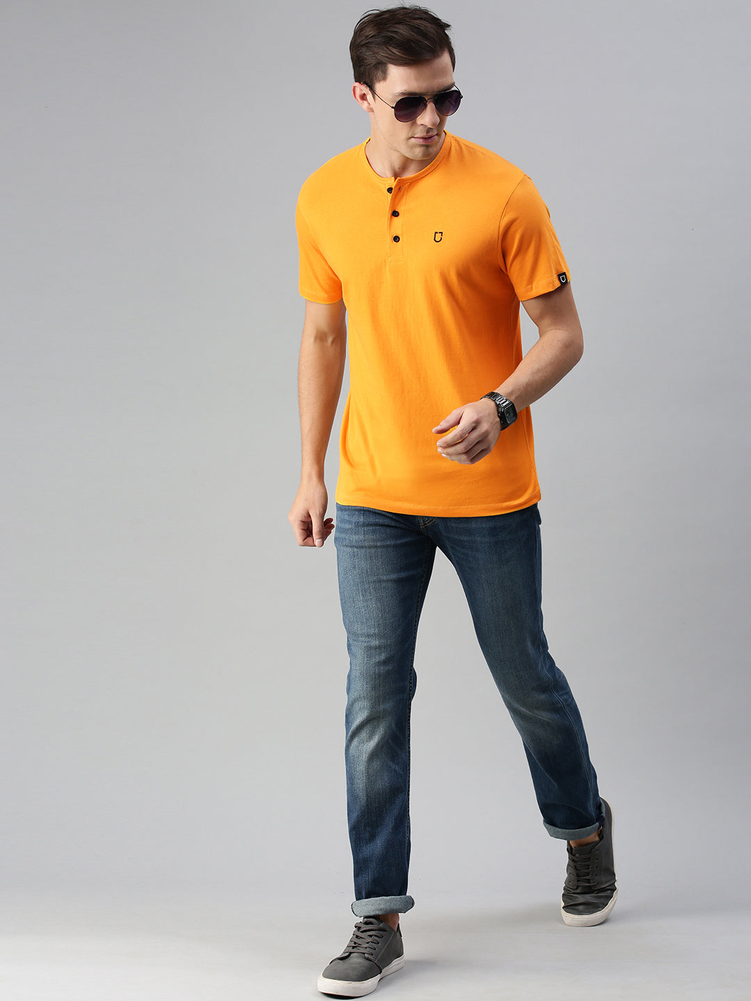 Urbano Fashion Men's Mustard Solid Henley Neck Slim Fit Cotton T-Shirt