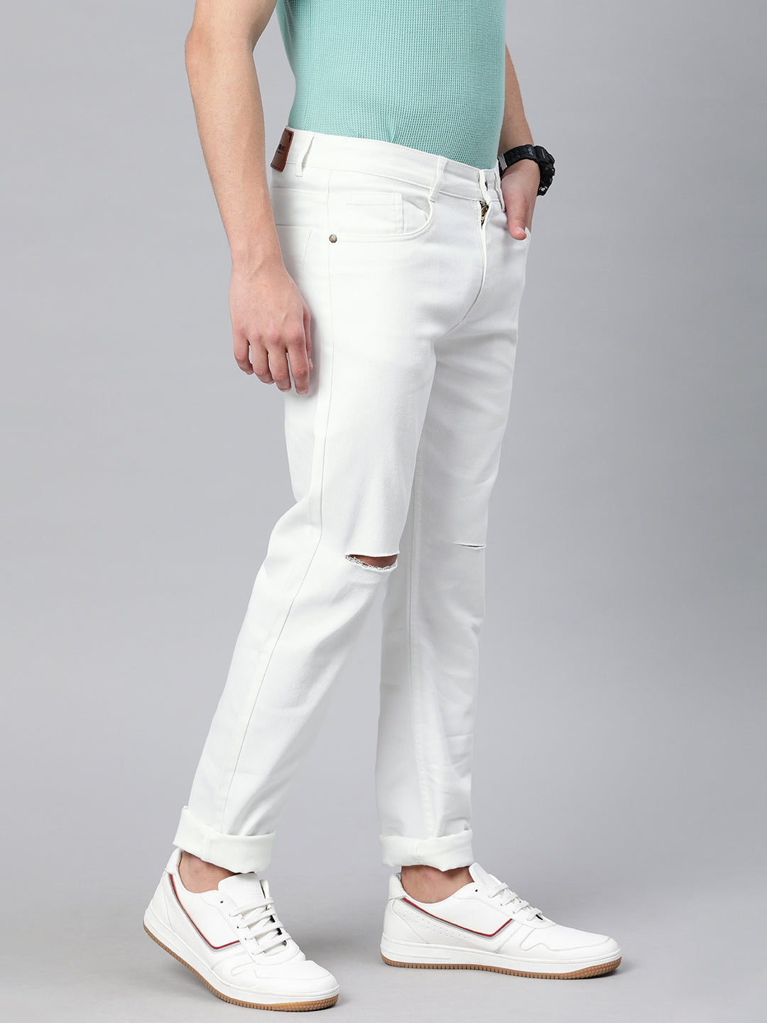Men's White Slim Fit Knee Slit Distressed Jeans Stretch
