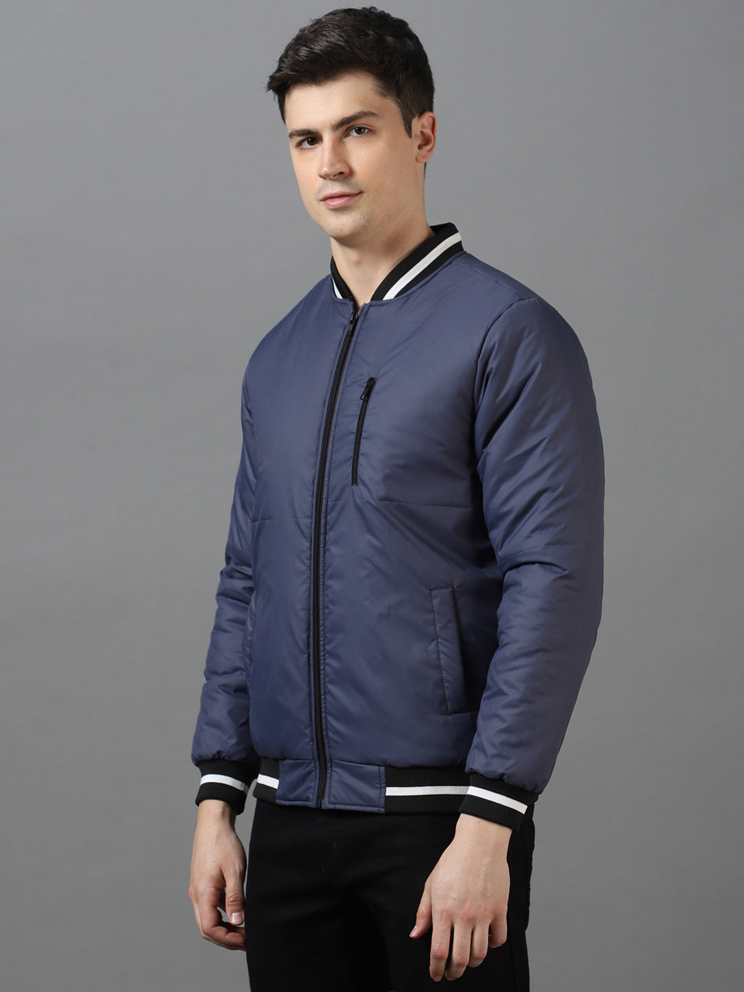 Urbano Fashion Men's Blue Full Sleeve Zippered Bomber Jacket