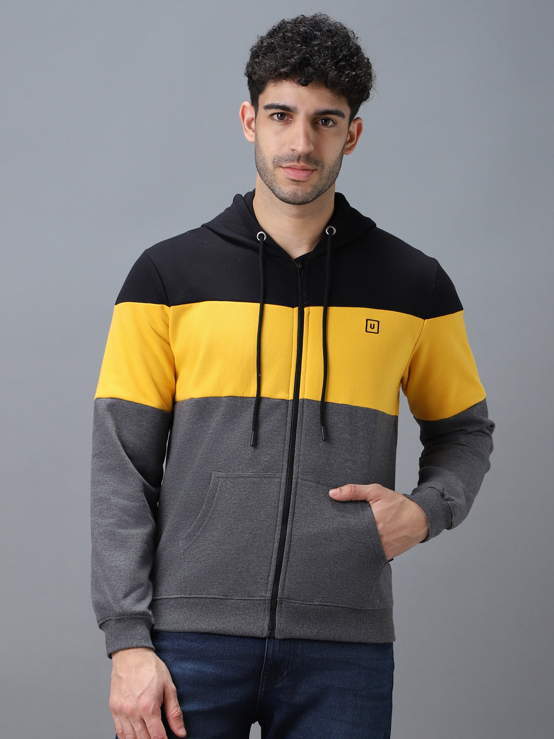 Men's Black, Yellow, Charcoal Color Block Cotton Zippered Hooded Sweatshirt