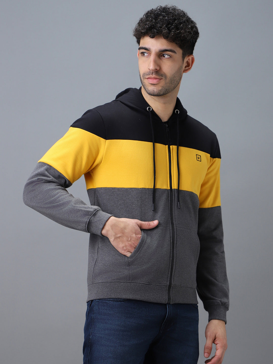Urbano Fashion Men's Black, Yellow, Charcoal Cotton Zippered Hooded Sweatshirt